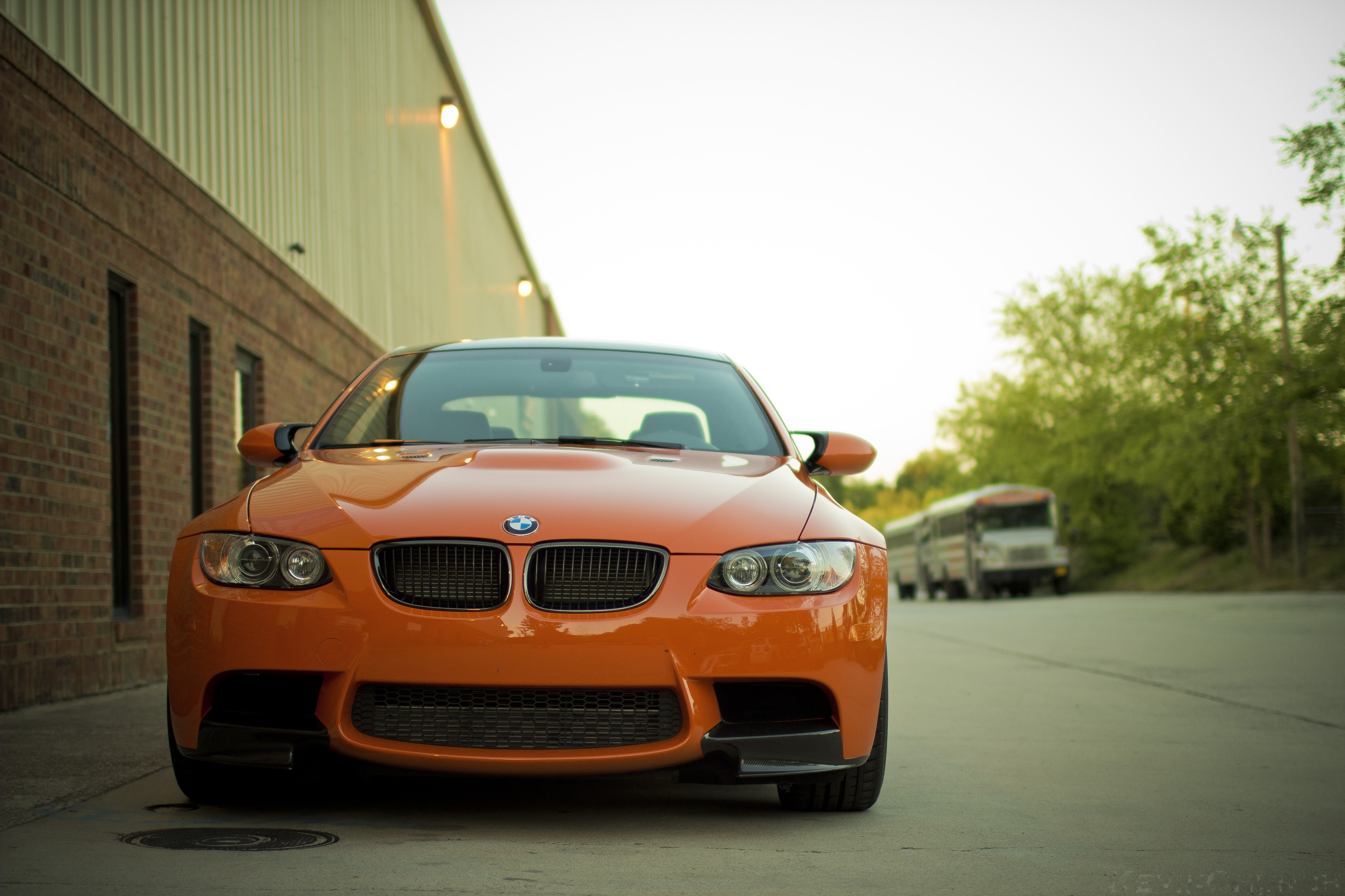 m, street, E92, M3, building, car, front, e, orange, bmw, 5K, HD Wallpaper