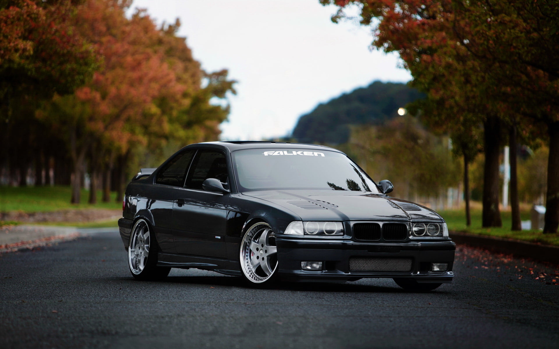 retro styled, luxury, street, outdoors, bmw m3, mode of transportation, sedan, selective focus, coupe, focus on foreground, tree, black, road, plant, day, HD Wallpaper