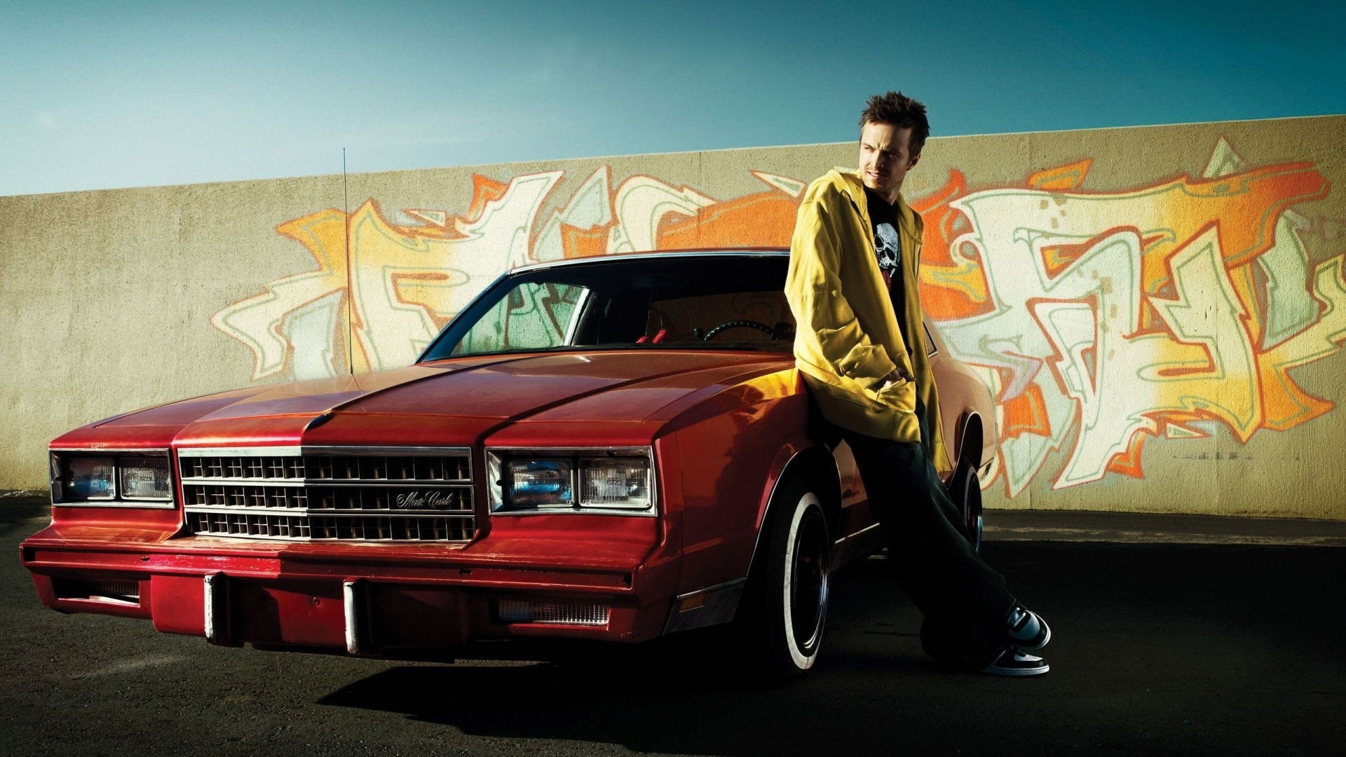 one person, full length, adult, mural, car, 1080P, men, mode of transportation, Aaron Paul, casual clothing, transportation, motor vehicle, red cars, young men, HD Wallpaper