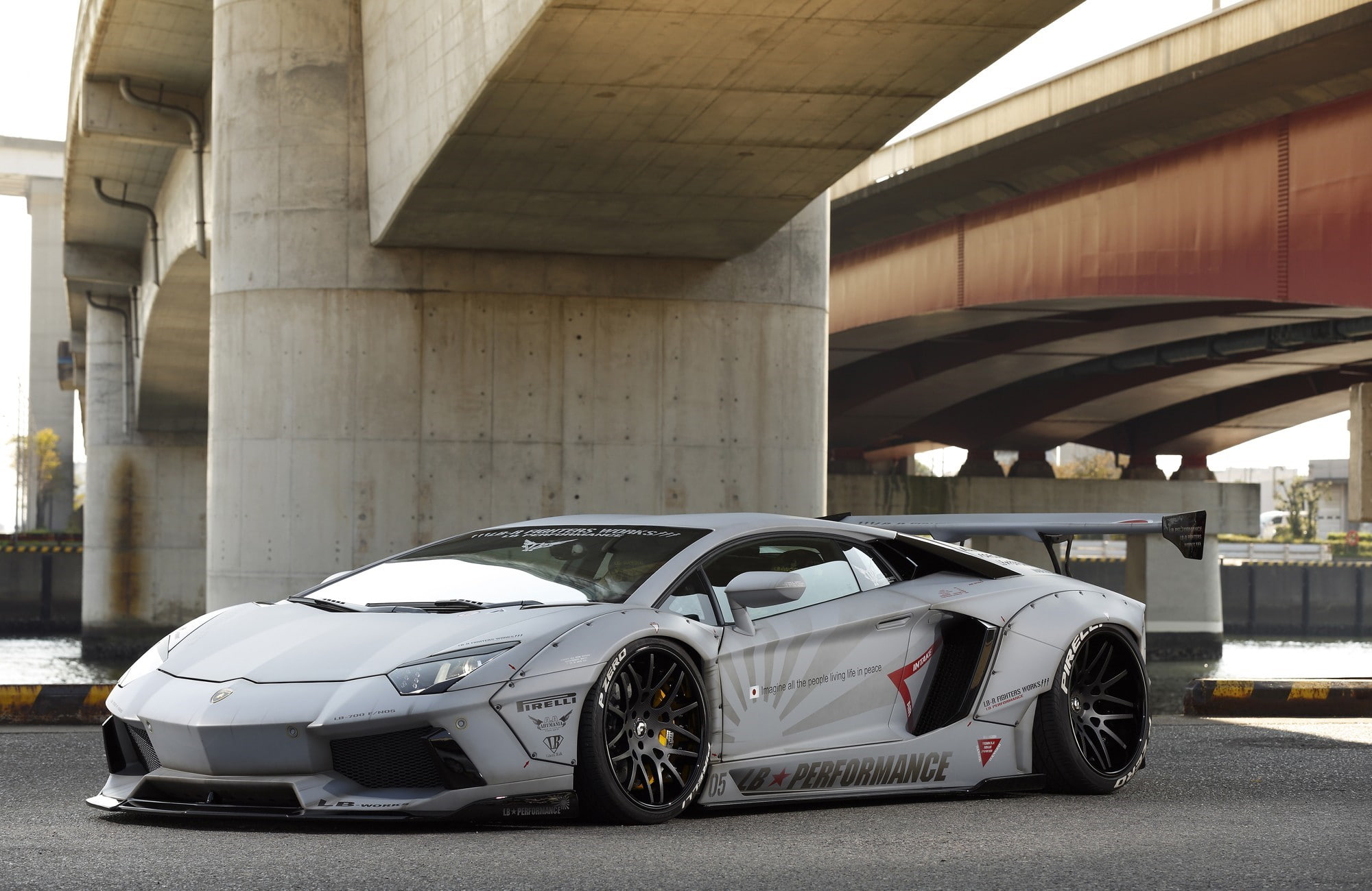 bridge - man made structure, day, speed, sports car, motor vehicle, outdoors, land vehicle, lamborghini lamborghini aventador car widebody liberty walk lb performance forgiato, HD Wallpaper