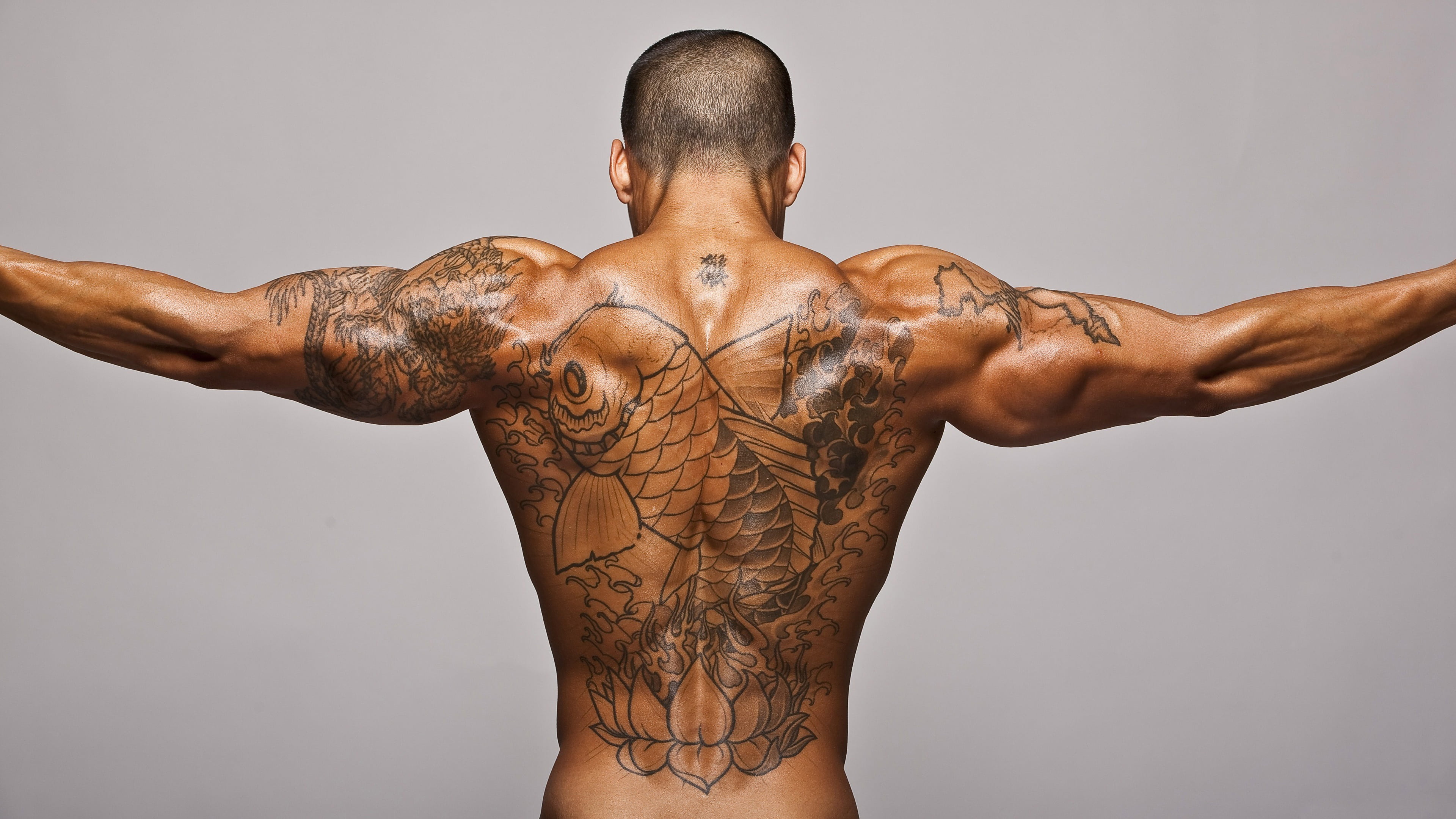 male, body Care, human Abdomen, back, torso, gray background, healthcare And Medicine, naked, deltoid, muscular Build, waist up, human body part, flexing Muscles, HD Wallpaper