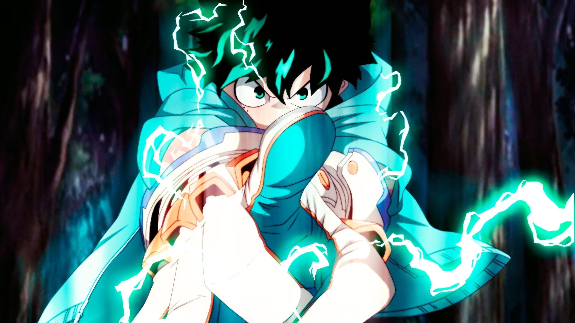 focus on foreground, 1080P, low angle view, Boy, representation, turquoise colored, no people, lighting equipment, Anime, Green Hair, multi colored, light - natural phenomenon, HD Wallpaper