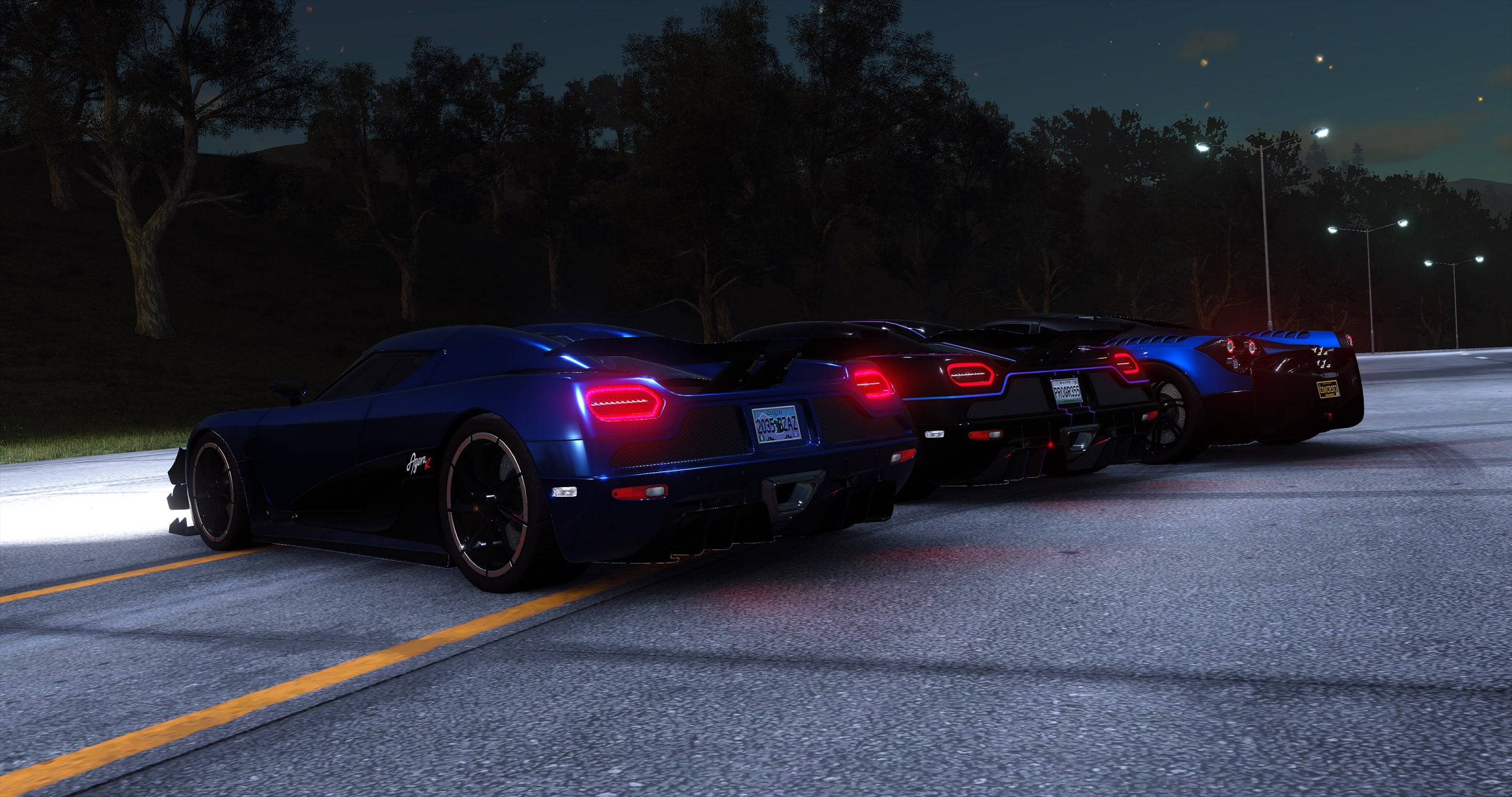 road marking, night, Koenigsegg, The Crew Wild Run, Pagani, motor vehicle, car, city, outdoors, street, land vehicle, The Crew 2, travel, 1080P, motion, HD Wallpaper