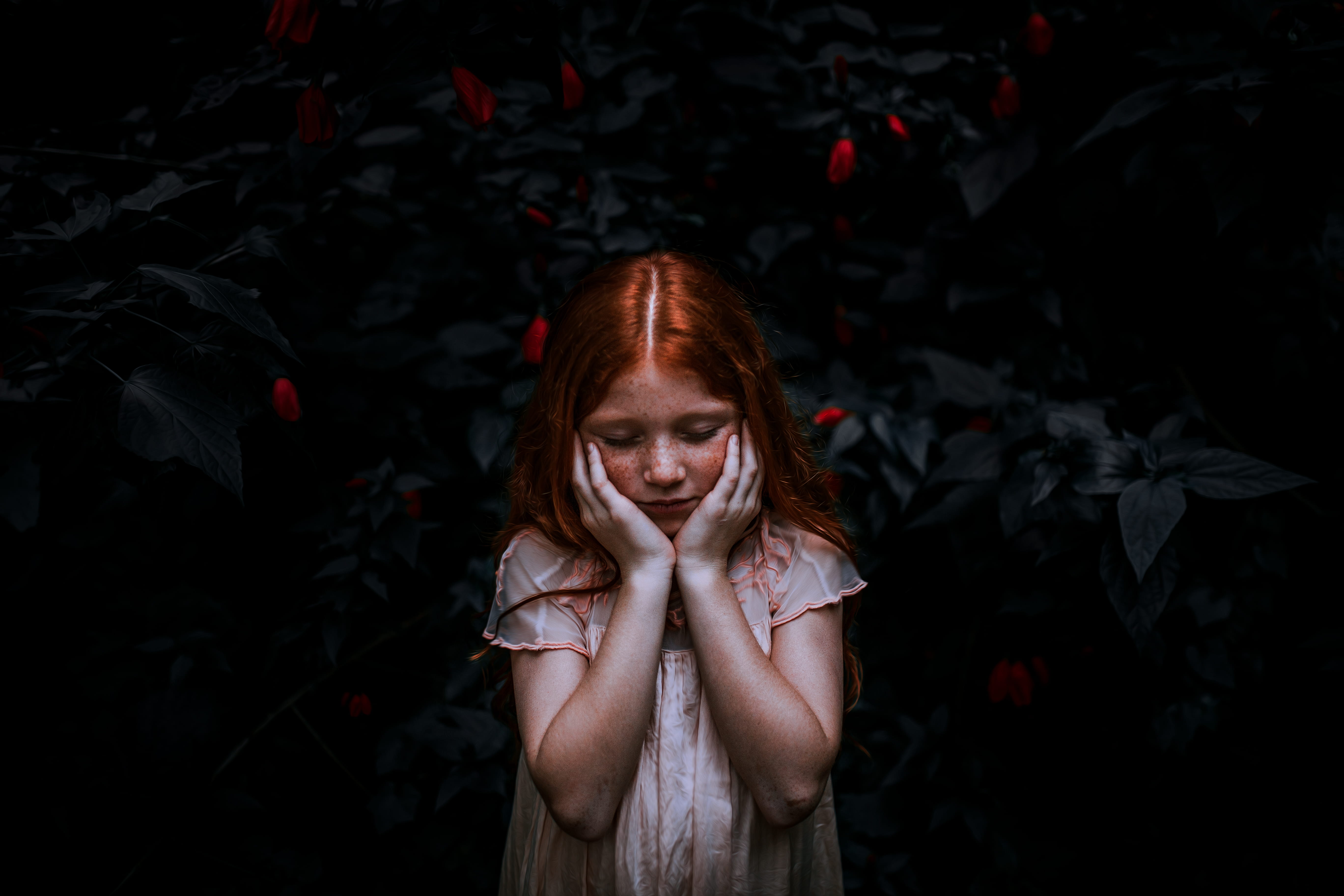 child, upset, hair, sad, emotion, hands, model, children, unhappy, alone, lonely, woman, long hair, female, redhead, leaves, dark, looking at camera, young women, HD Wallpaper