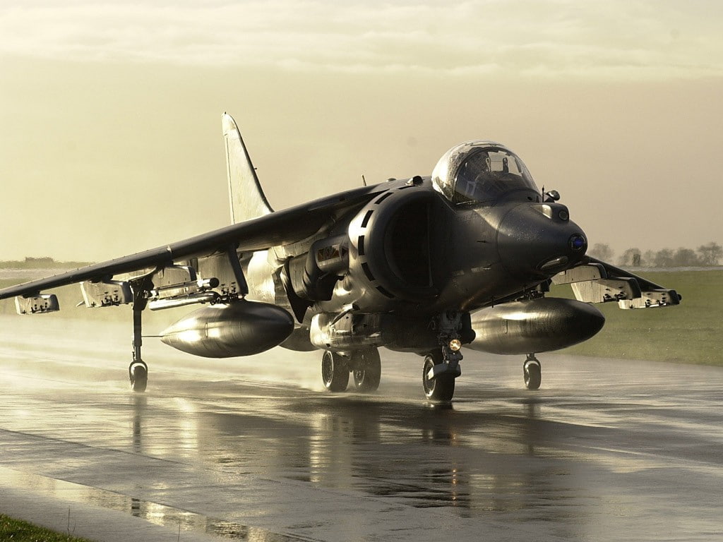 art, harrier, hd, Clouds, runway, jump, Trees, aircraft, 480P, Black, military, jet, pilot, grass, HD Wallpaper