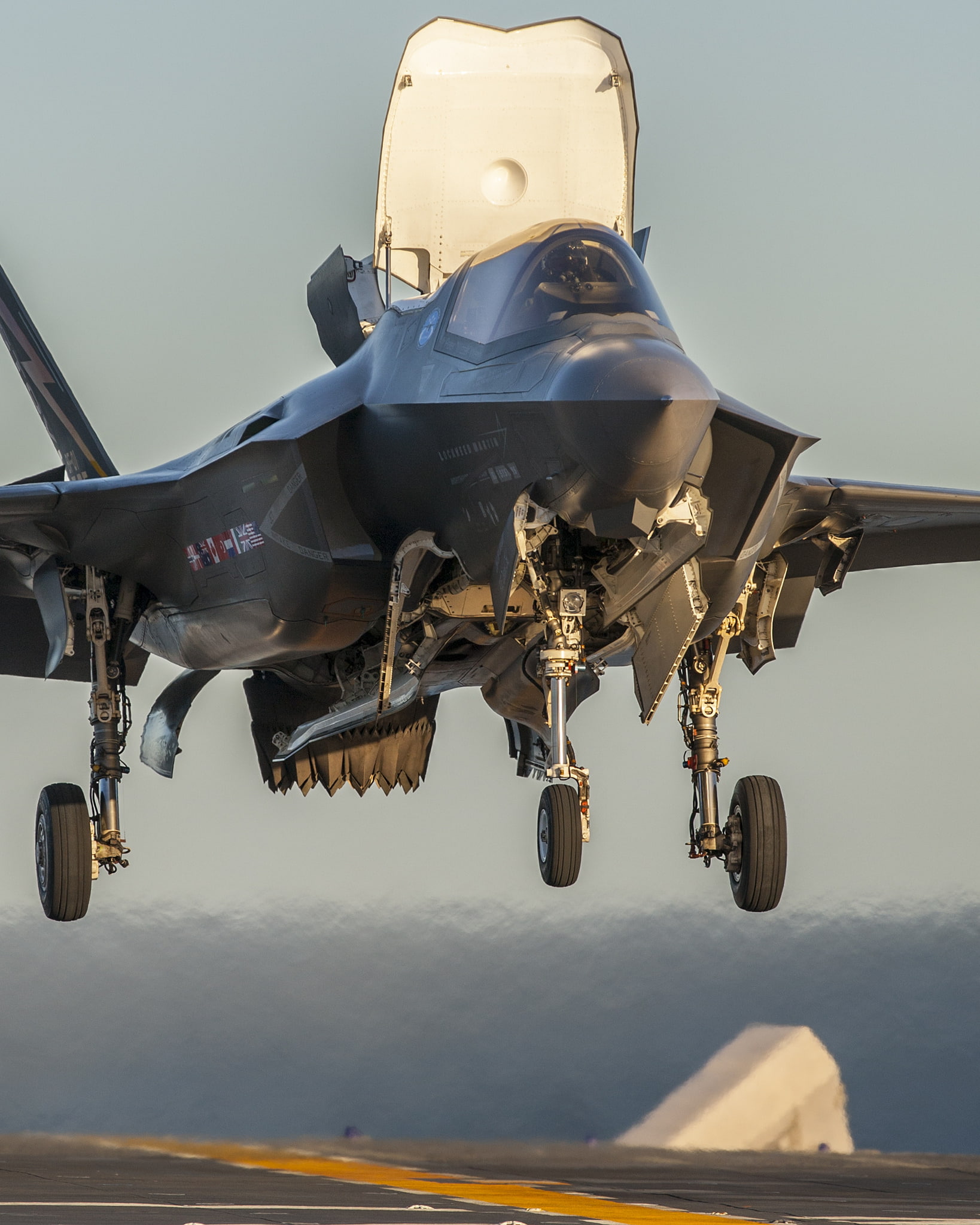 day, government, aerospace industry, 1080P, airport runway, flying, air force, wheel, technology, F-35B Lightning II, sky, airplane, no people, transportation, Phone HD Wallpaper