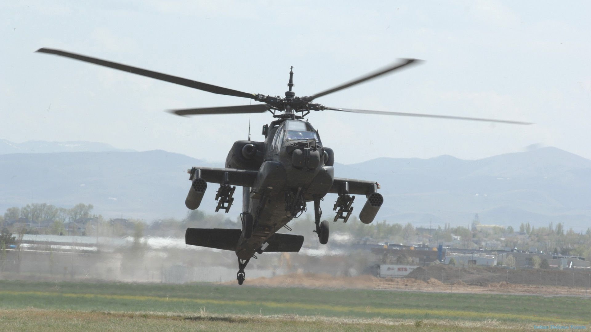 Boeing AH-64 Apache, transportation, nature, air vehicle, helicopters, mountain, armed forces, field, motion, military aircraft, government, 1080P, outdoors, HD Wallpaper