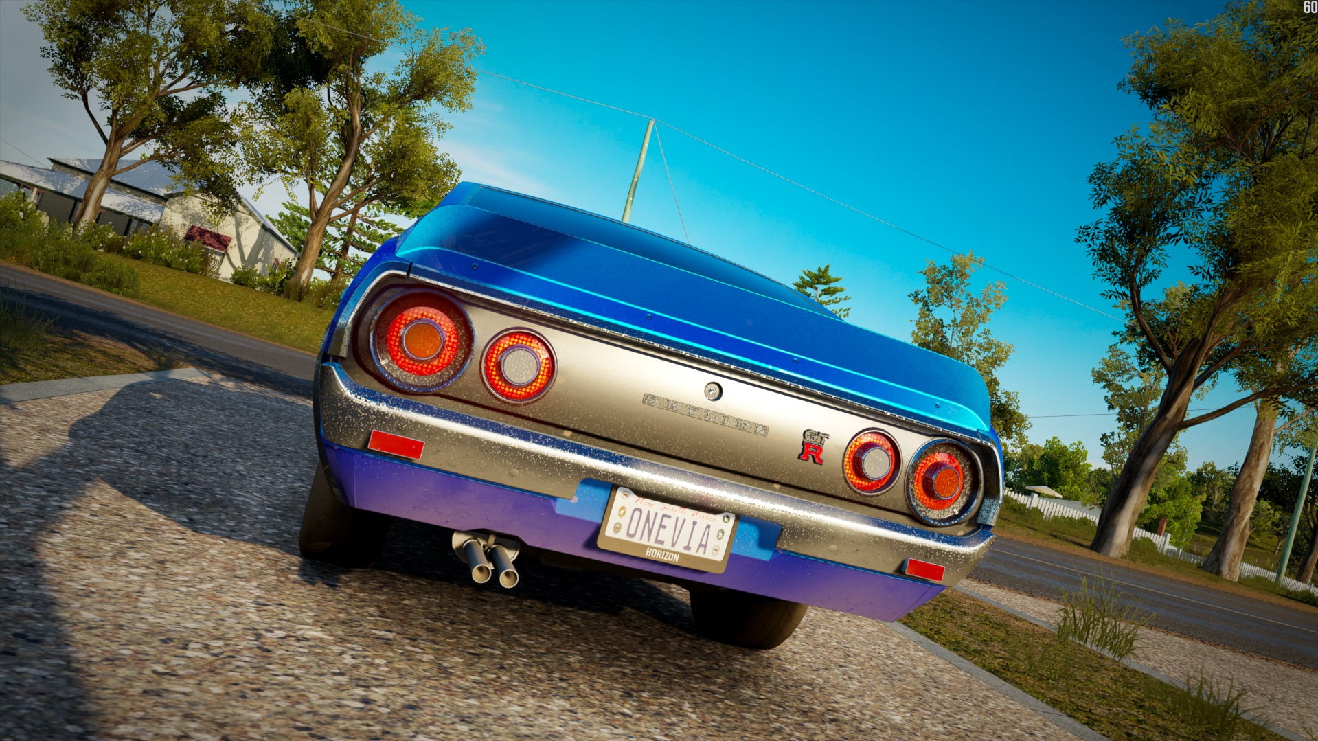 no people, transportation, nature, travel, mode of transportation, tilt, motor vehicle, land vehicle, journey, forza horizon 3, tree, road trip, blue, Nissan, HD Wallpaper