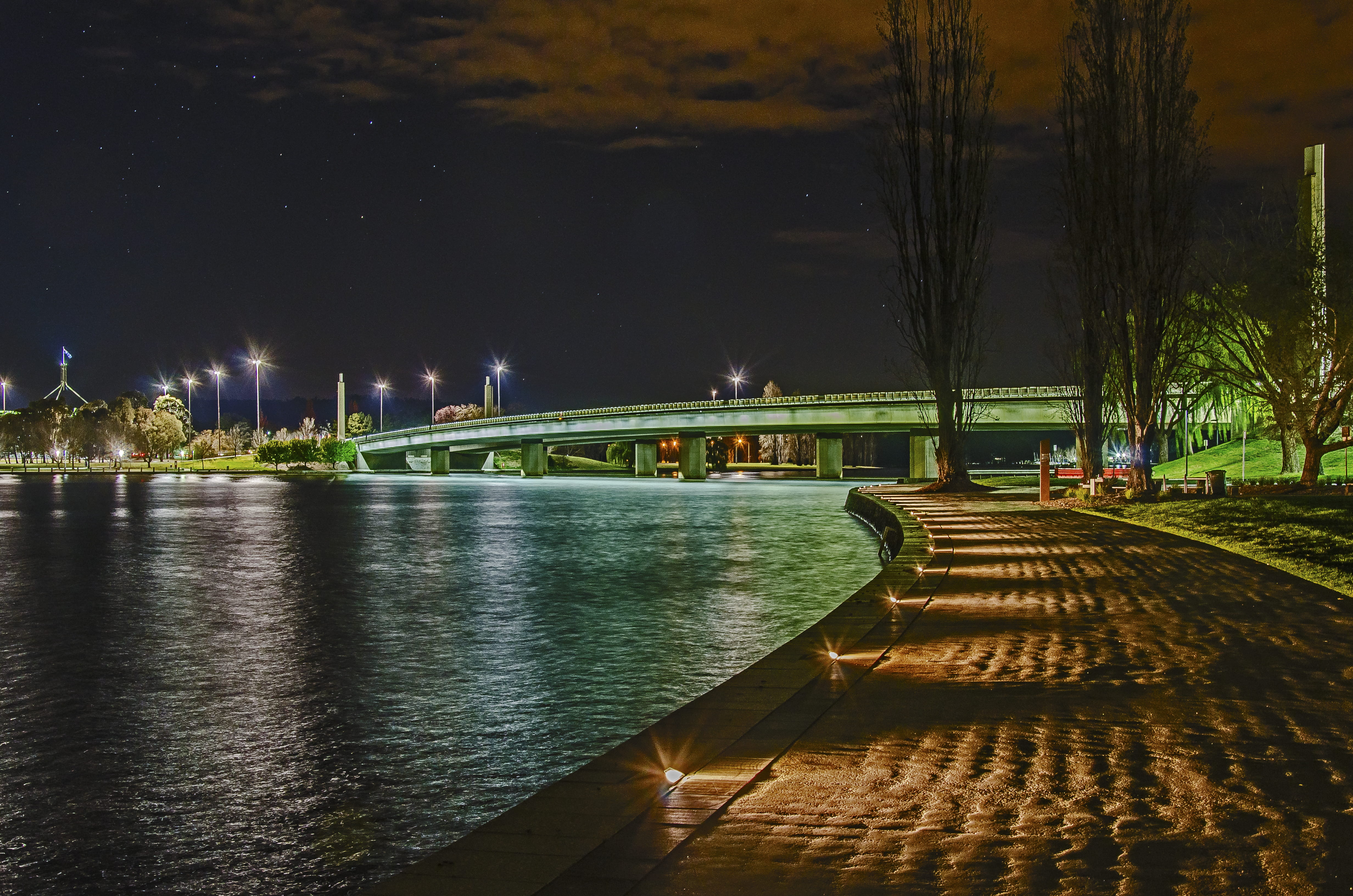 plant, city, the way forward, outdoors, illuminated, reflections, built structure, direction, canberra, bridge, australia, background, river, HD Wallpaper