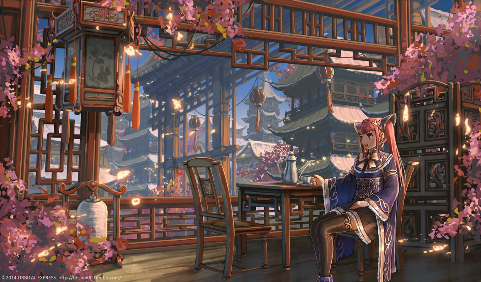blossoms, city, twintails, building, flowers, red, skirt, hair, drink, bespin, watermark, 720P, original, long, scenic, thighhighs, cherry, HD Wallpaper