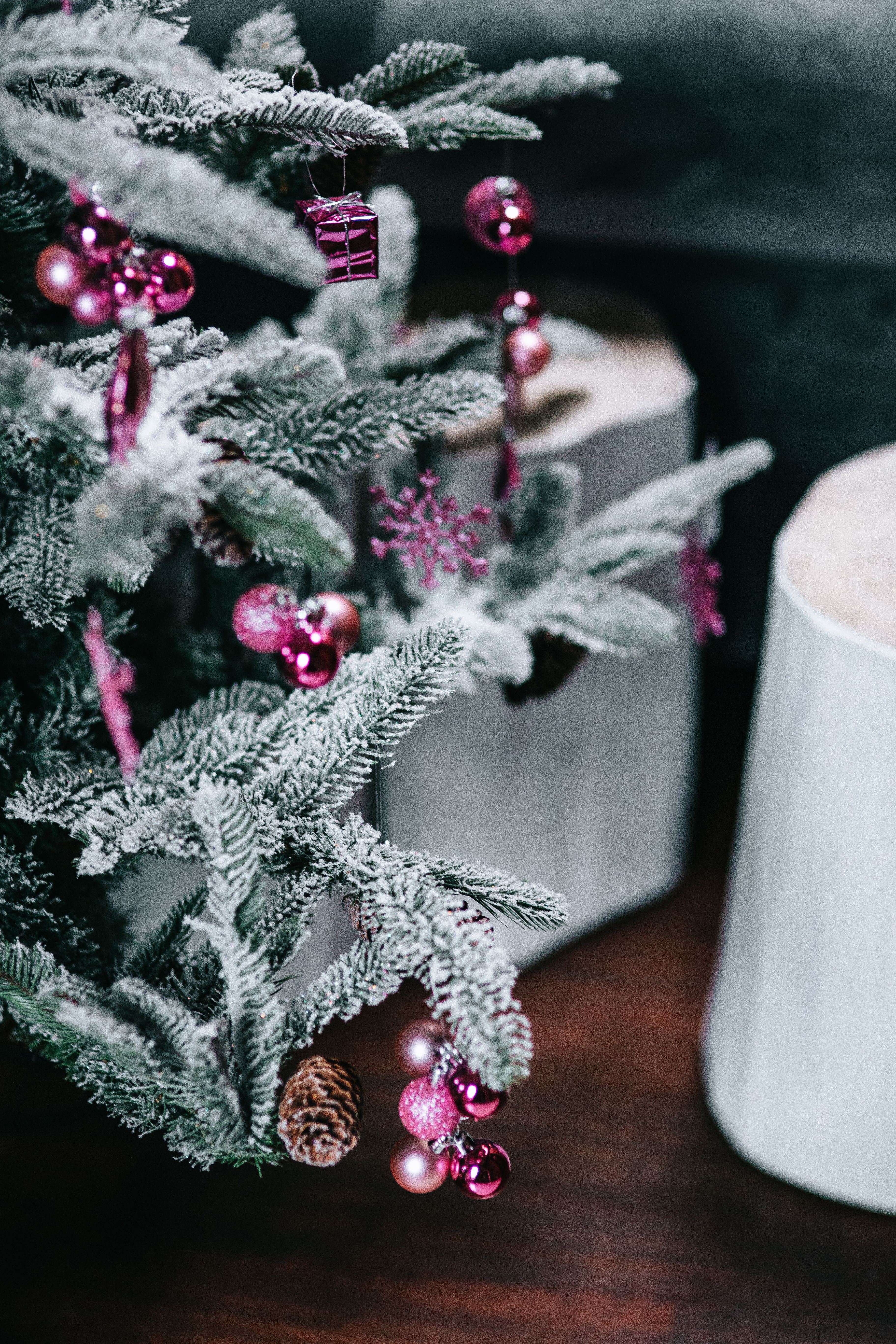 balls, indoors, tree, plant, pine Tree, still life, celebration, holiday - event, winter, snow, cold temperature, decor, 5K, table, Christmas balls, branch, Phone HD Wallpaper