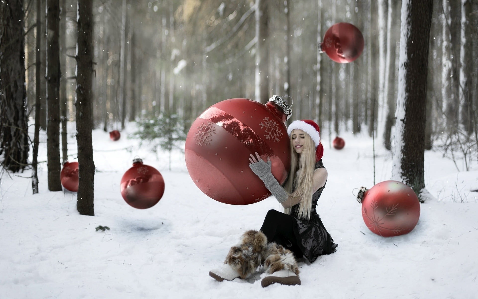 one animal, mammal, snowing, dog, snow, Santa hats, pets, holiday, day, animal themes, nature, domestic animals, forest, canine, christmas ornament, 1080P, HD Wallpaper