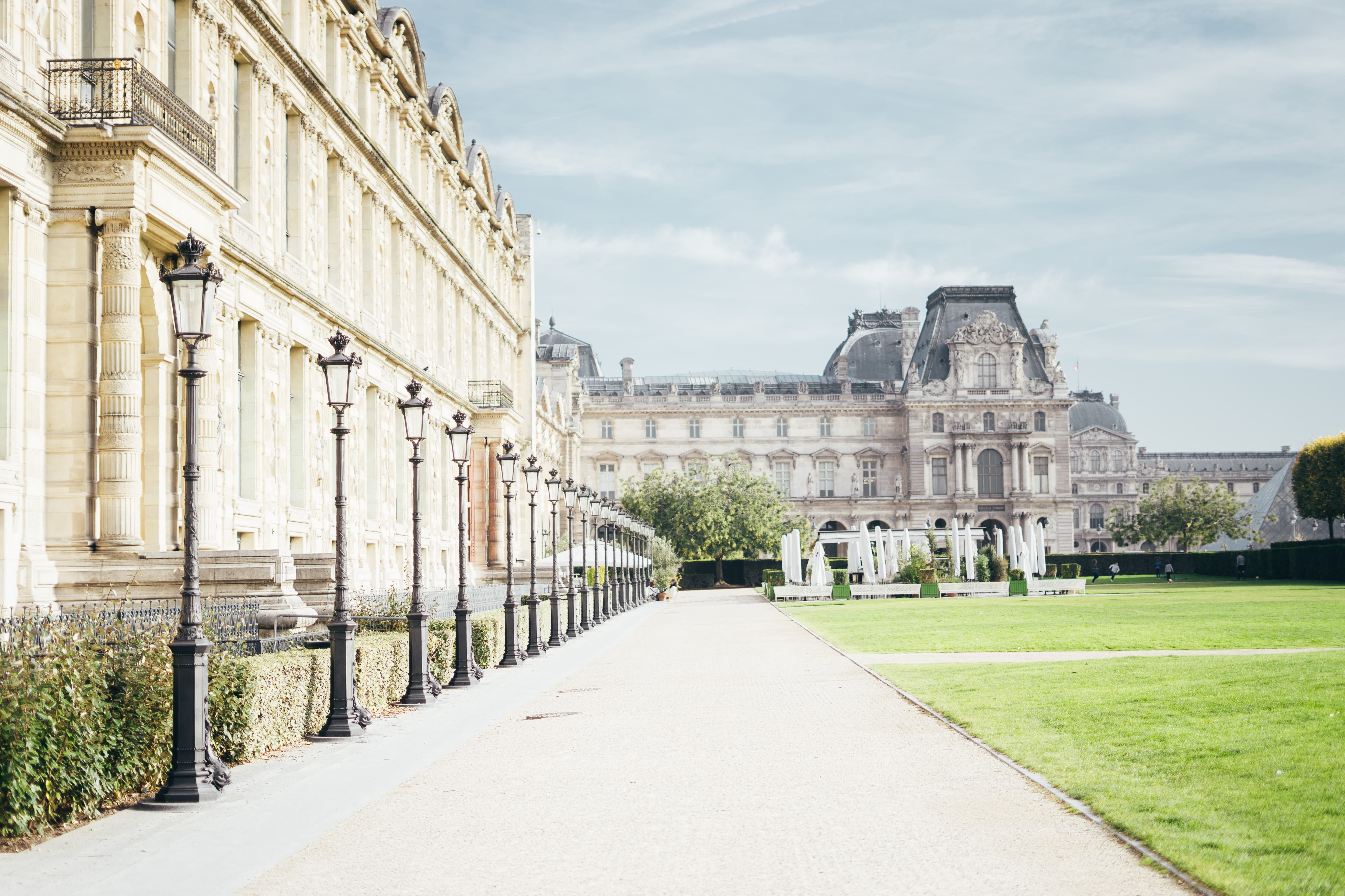 lampposts, nature, grass, empty, building, day, history, building exterior, footpath, no people, arch, built structure, outdoors, plant, france, alley, HD Wallpaper