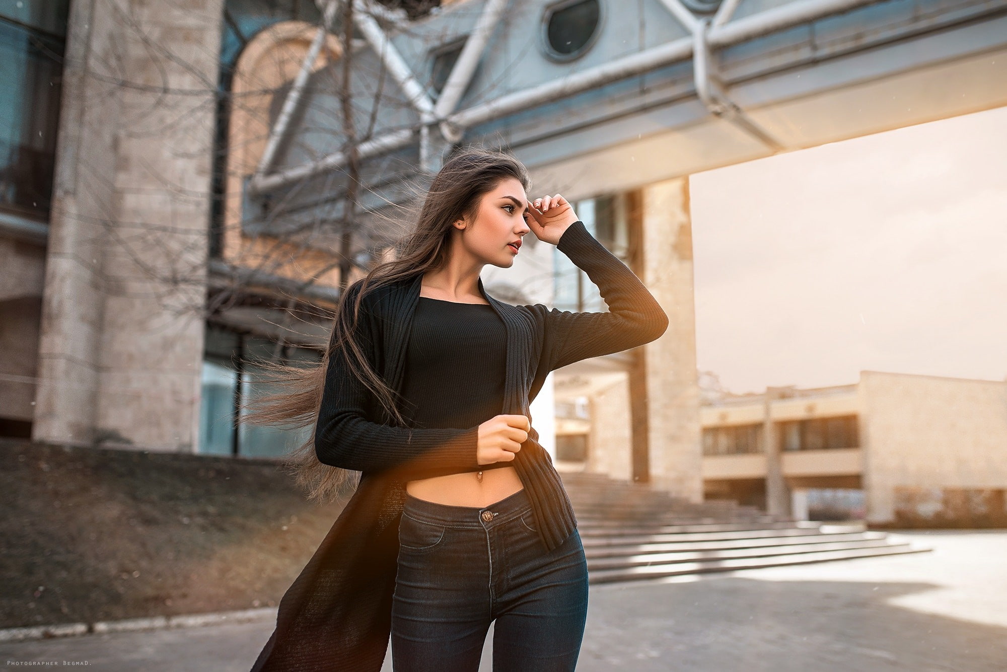 women, belly, looking away, women outdoors, auburn hair, straight hair, Dima Begma, 1080P, jeans, short tops, long hair, model, black sweater, HD Wallpaper