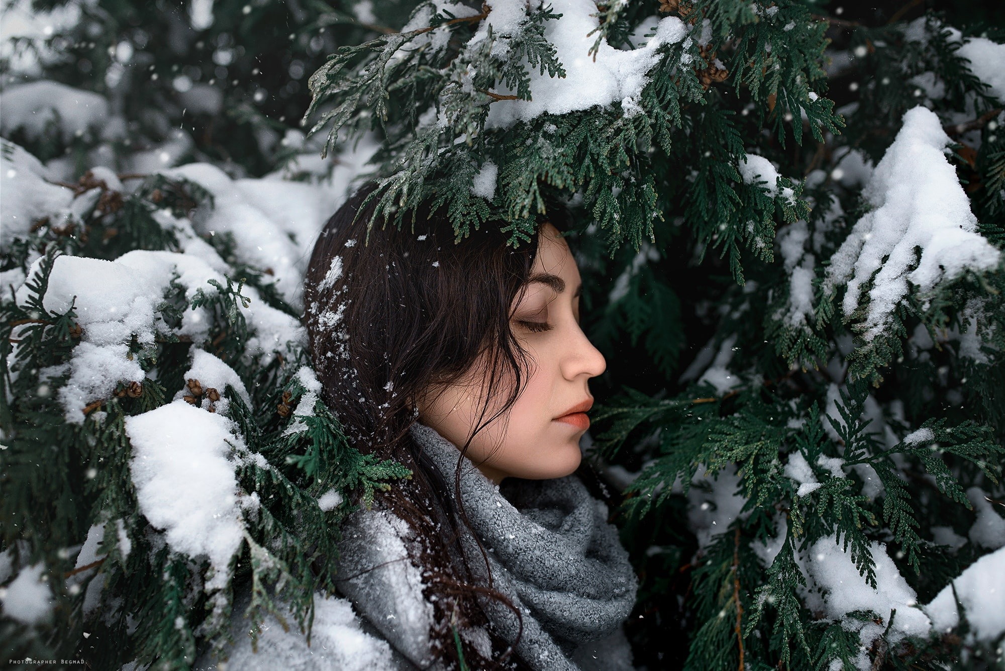 Dima Begma, women outdoors, closed eyes, trees, cold, face, women, profile, outdoors, model, winter, Natalia Asarow, 1080P, snow, HD Wallpaper