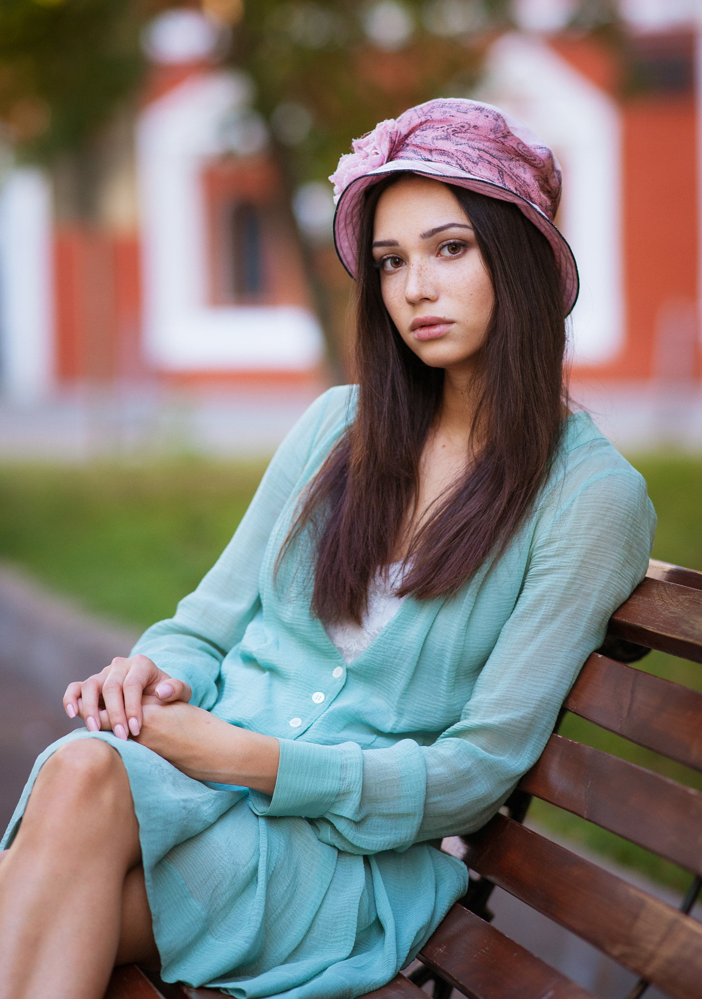 brunette, hat, women, bench, long hair, dress, pink, straight hair, freckles, Maxim Maximov, blue clothing, 1080P, Mariya Volokh, Phone HD Wallpaper