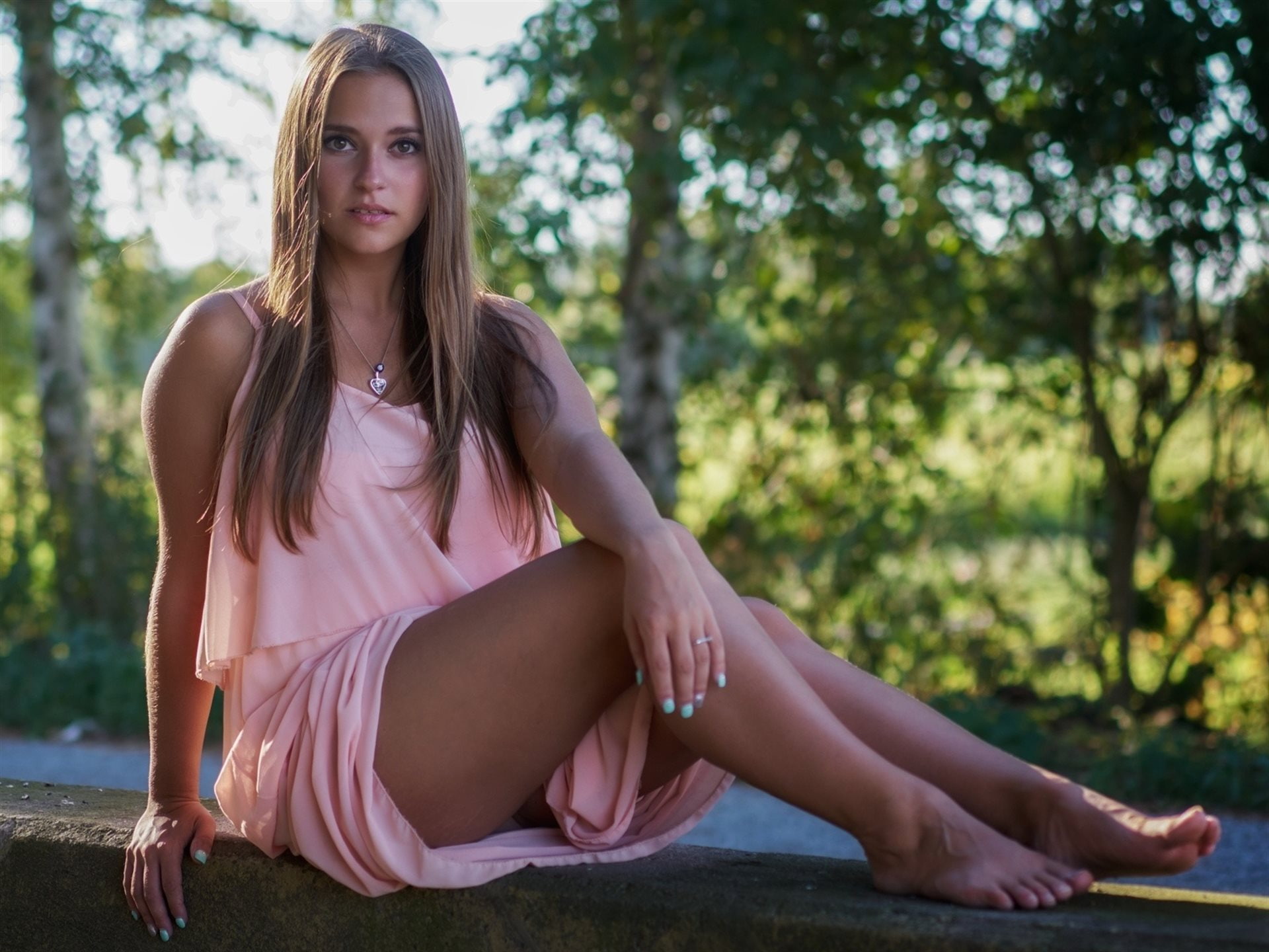nature, tree, pink, long, day, 1080P, looking at camera, focus on foreground, lifestyles, fashion, hair, full length, beautiful woman, look, hairstyle, HD Wallpaper
