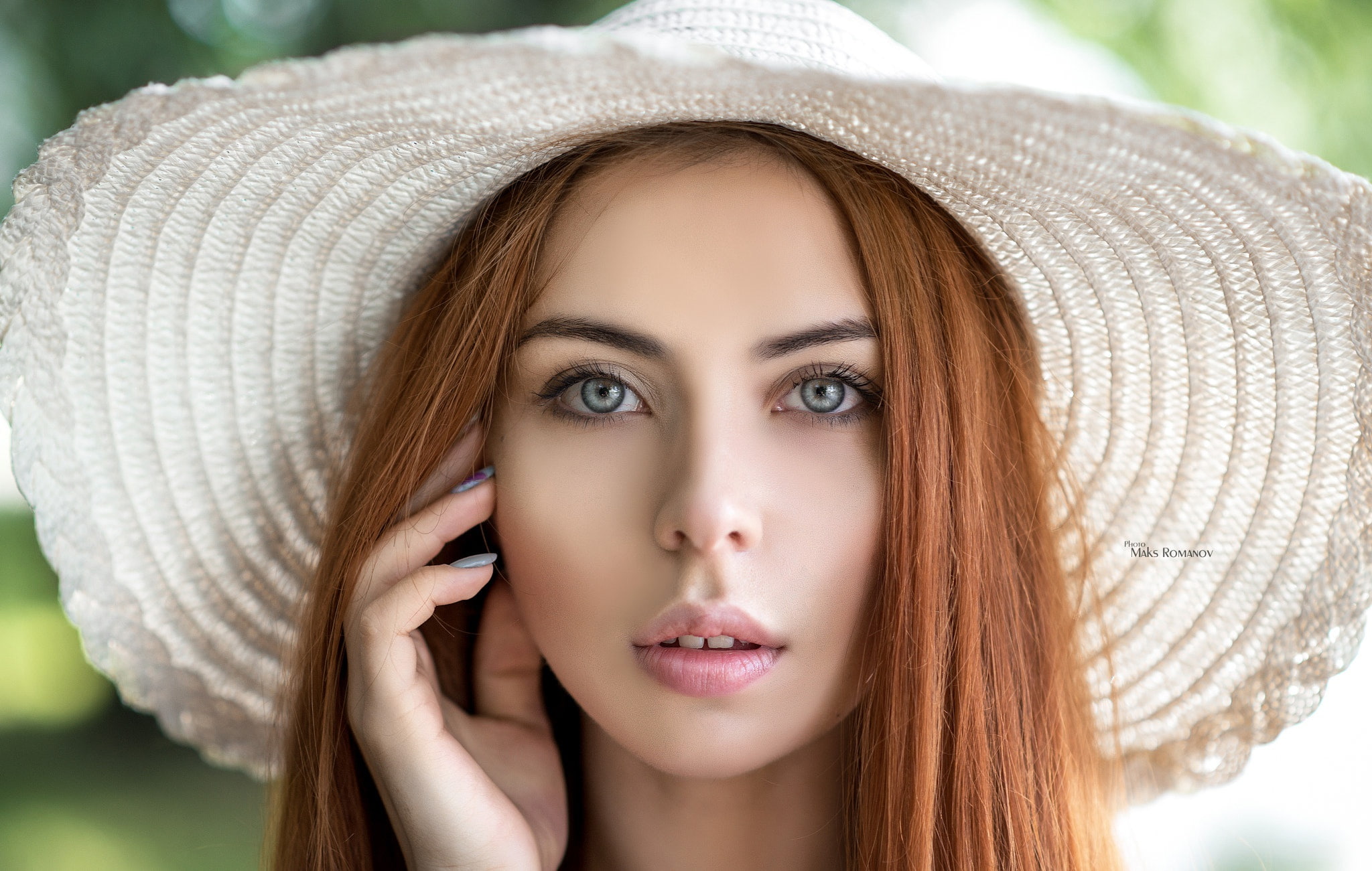 1080P, Maxim Romanov, hairstyle, white, portrait, redhead, model, close-up, makeup, look, bokeh, beauty, hat, face, HD Wallpaper