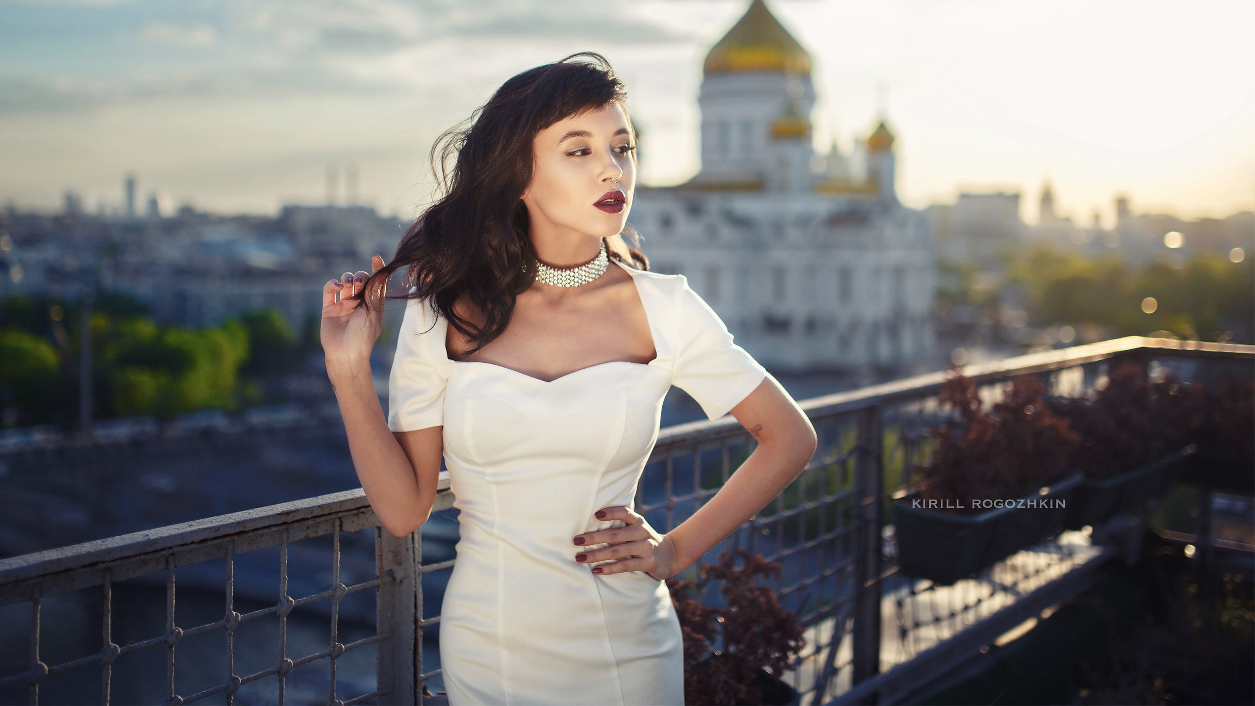 model, women, red lipstick, cityscape, painted nails, purple lipstick, 2K, white, Kirill Rogozhkin, necklace, HD Wallpaper