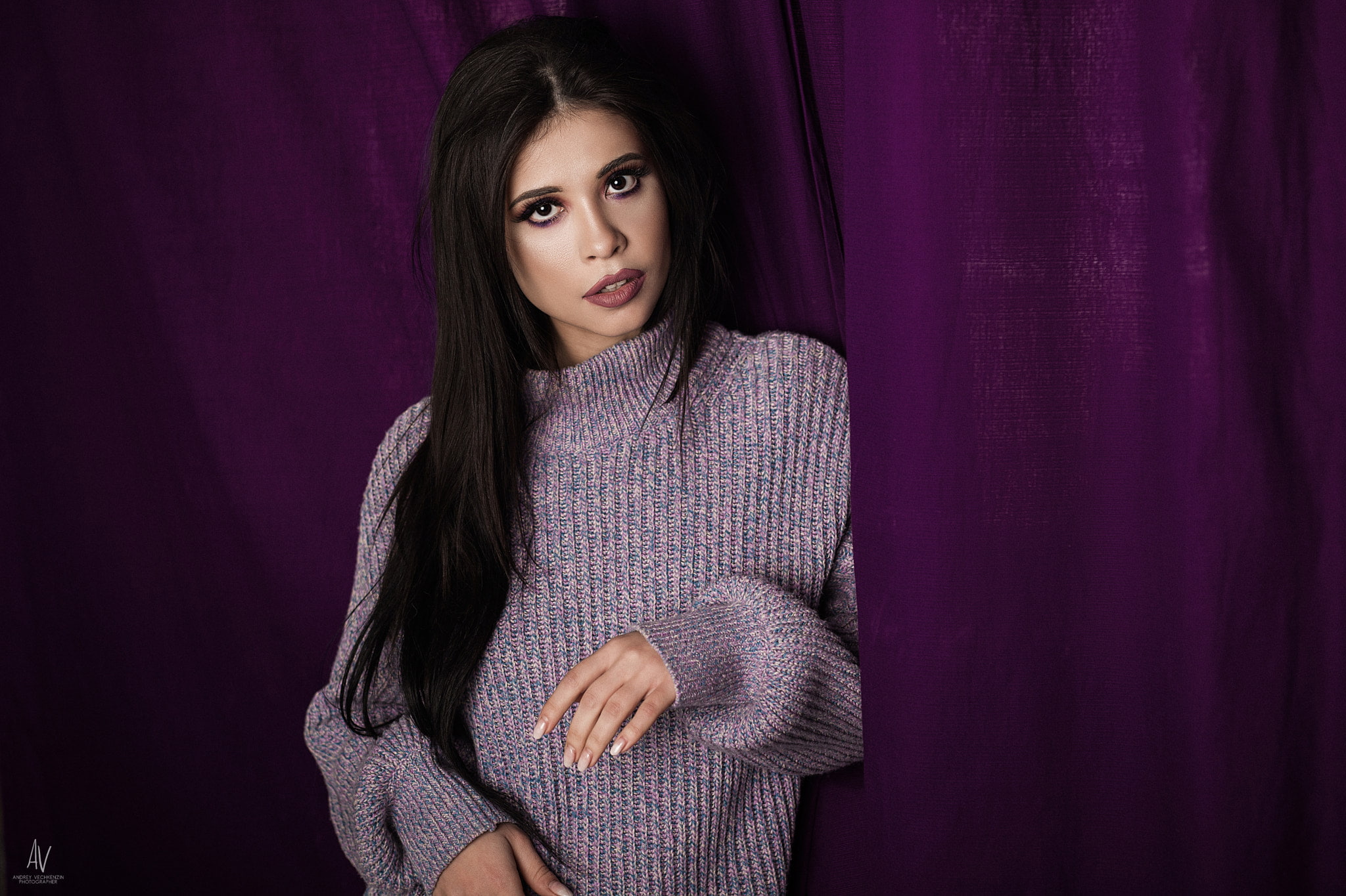 portrait, purple background, eyeliner, sweater, pink lipstick, women, Andrey Vechkenzin, 1080P, long hair, dark hair, HD Wallpaper