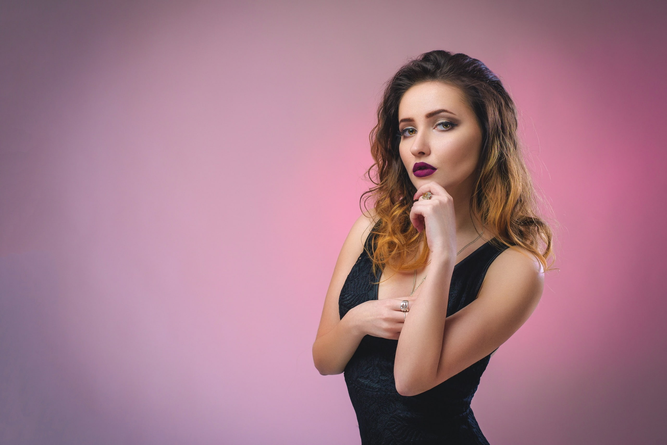 women, model, colored background, hair, fashion, studio shot, purple, hairstyle, lipstick, pink color, standing, young women, portrait, looking at camera, HD Wallpaper