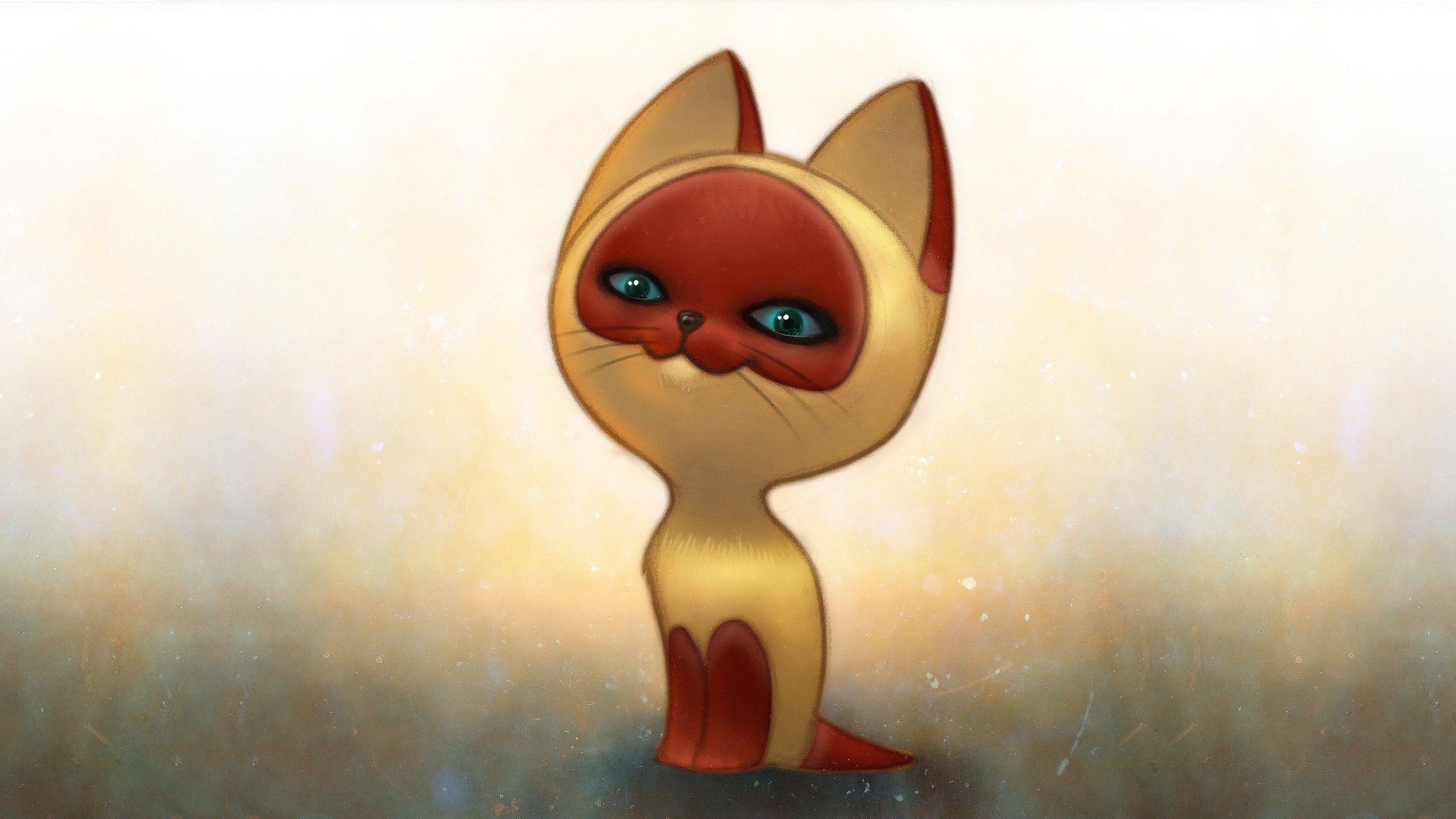 brown, white, 2560x1440, drawing, artistic, cute, 2K, kitten, illustration, cat, HD Wallpaper
