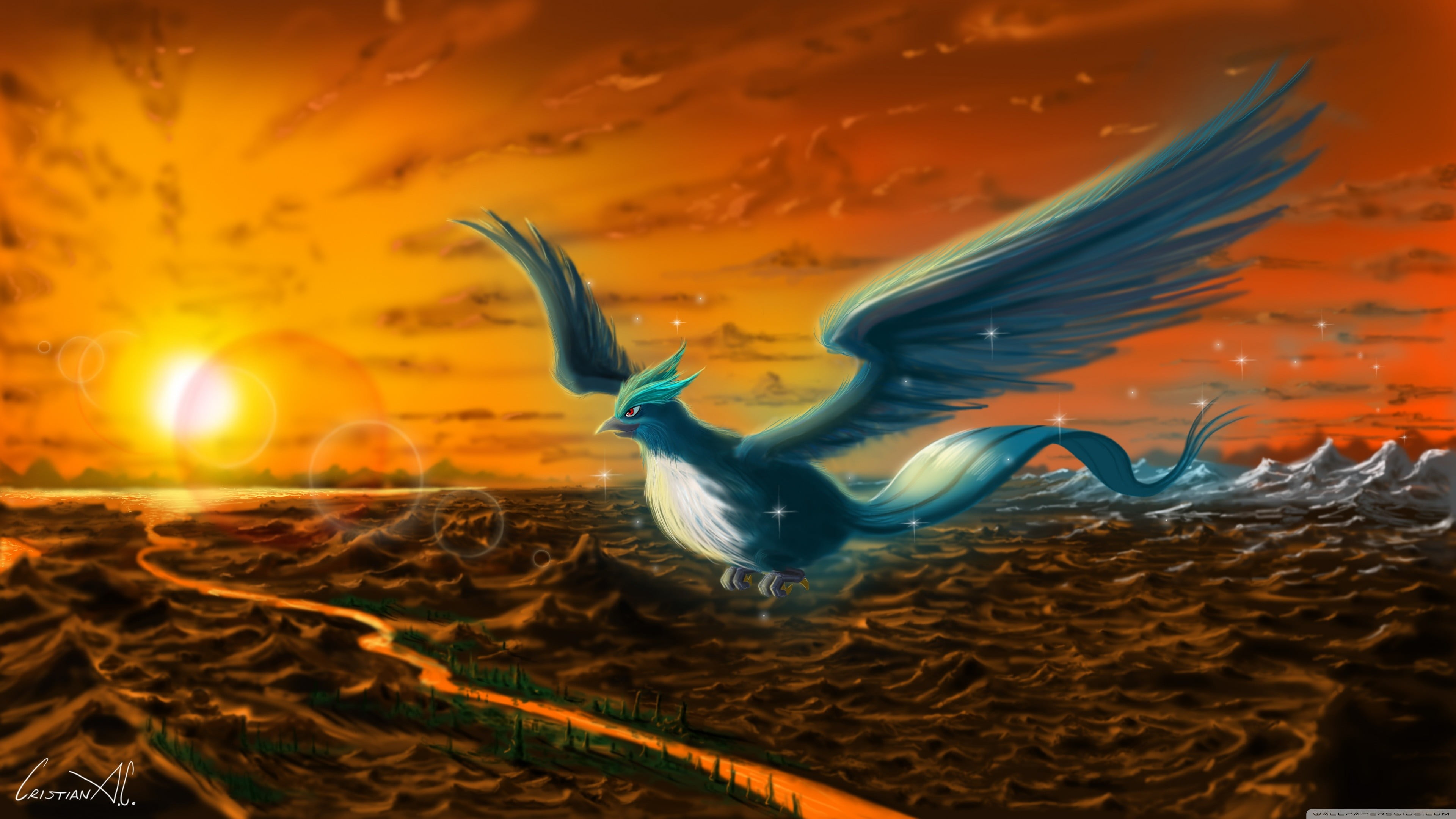 splashing, digital, paint, nature, animal representation, blue, flame, art and craft, representation, illuminated, orange color, animal, Articuno, no people, HD Wallpaper