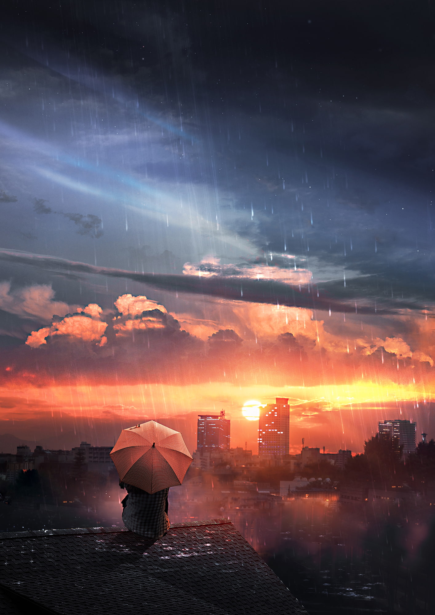 umbrella, roof, night, loneliness, rain, 1080P, solitude, sky, Phone HD Wallpaper