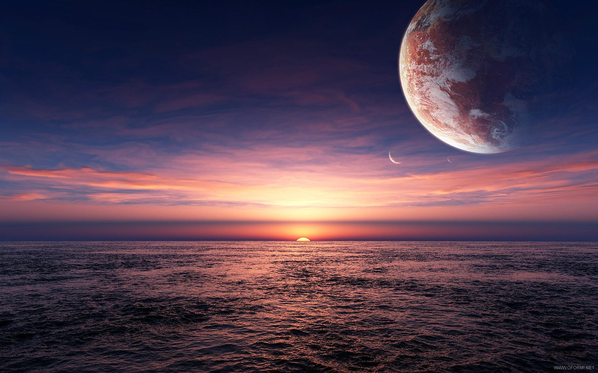 beautiful, sunset, 1080P, purple, 3d and abstract, space, ocean, solitude, moon, planet, blue, waves, HD Wallpaper