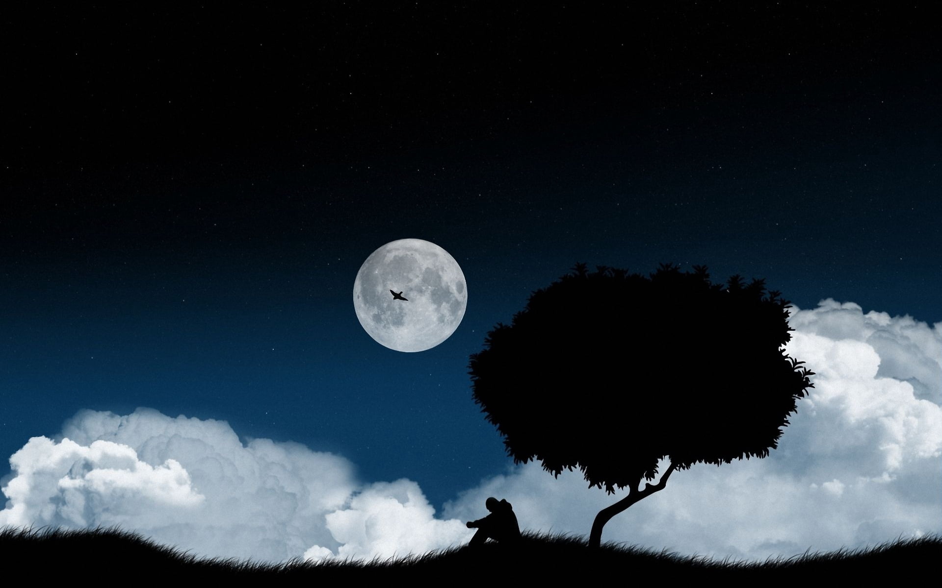 sky, astronomy, sphere, blue, illustration, night, scenics - nature, tree, nature, silhouette, 1080P, spooky, moonlight, horror, black Color, circle, no people, HD Wallpaper