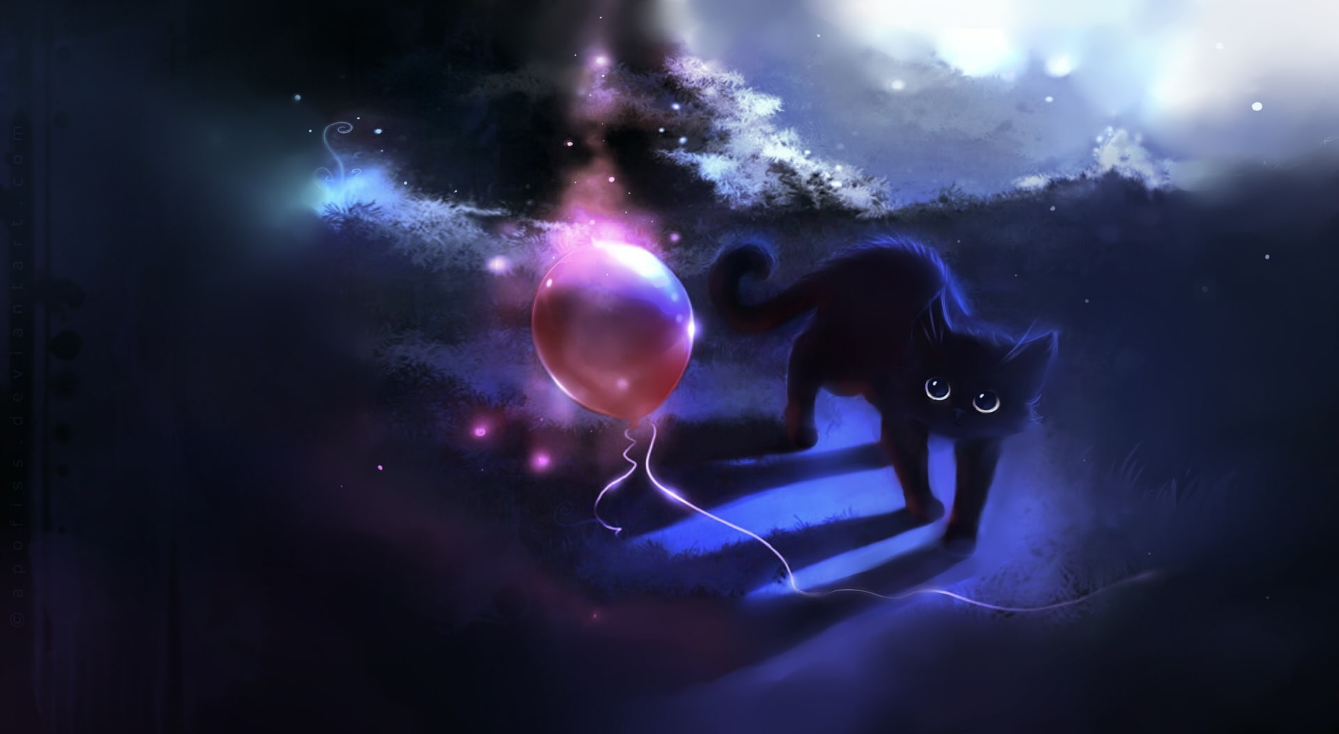 Painting, red, night, planet - space, star - space, illuminated, digital composite, cat painting, Animal, purple, blue, astronomy, Balloon, nature, Fantasy, HD Wallpaper