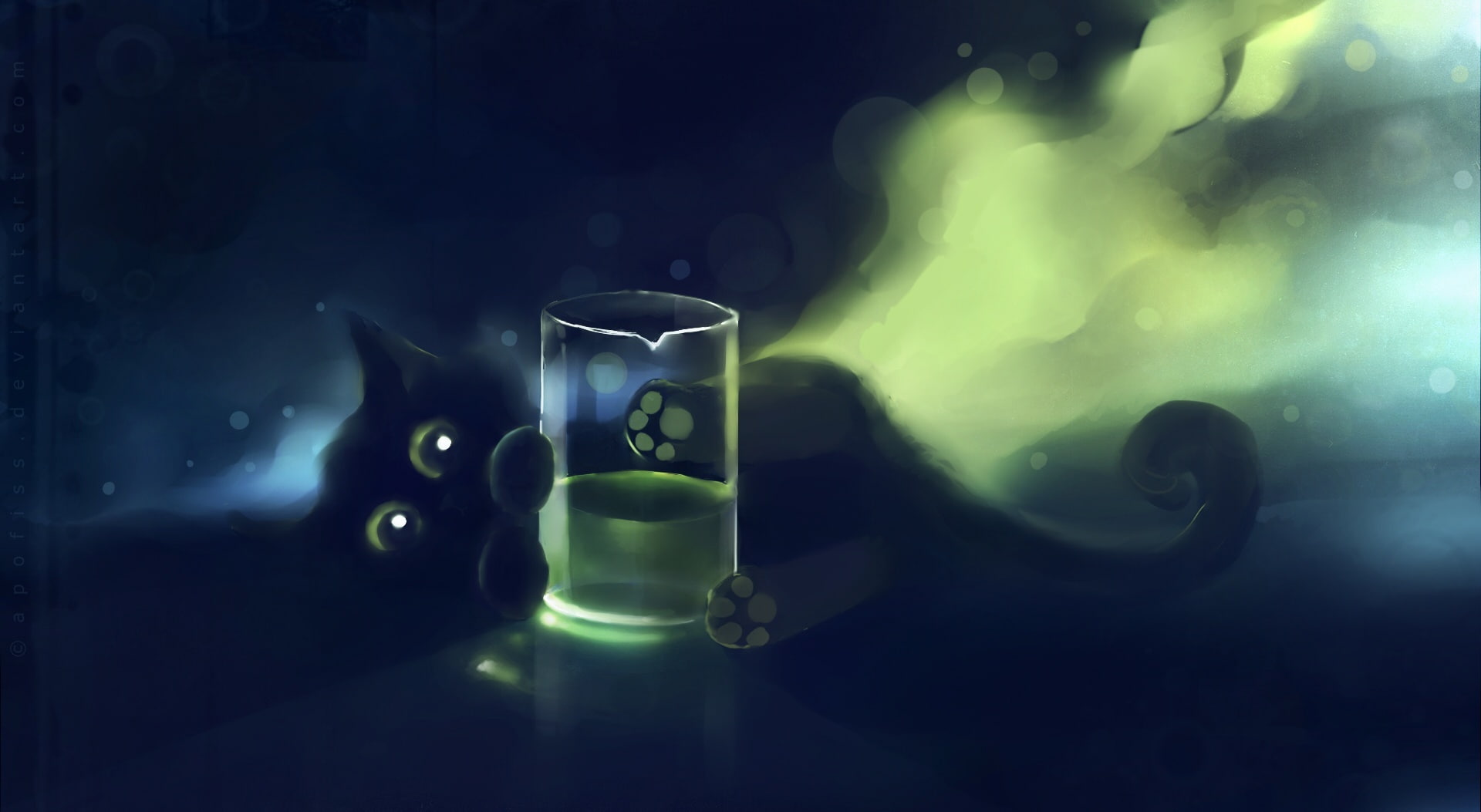 night, Painting, cat, big eyes, digital, communication, Kitten, green color, illuminated, Cute, drink, smoke - physical structure, 1080P, Fantasy, HD Wallpaper