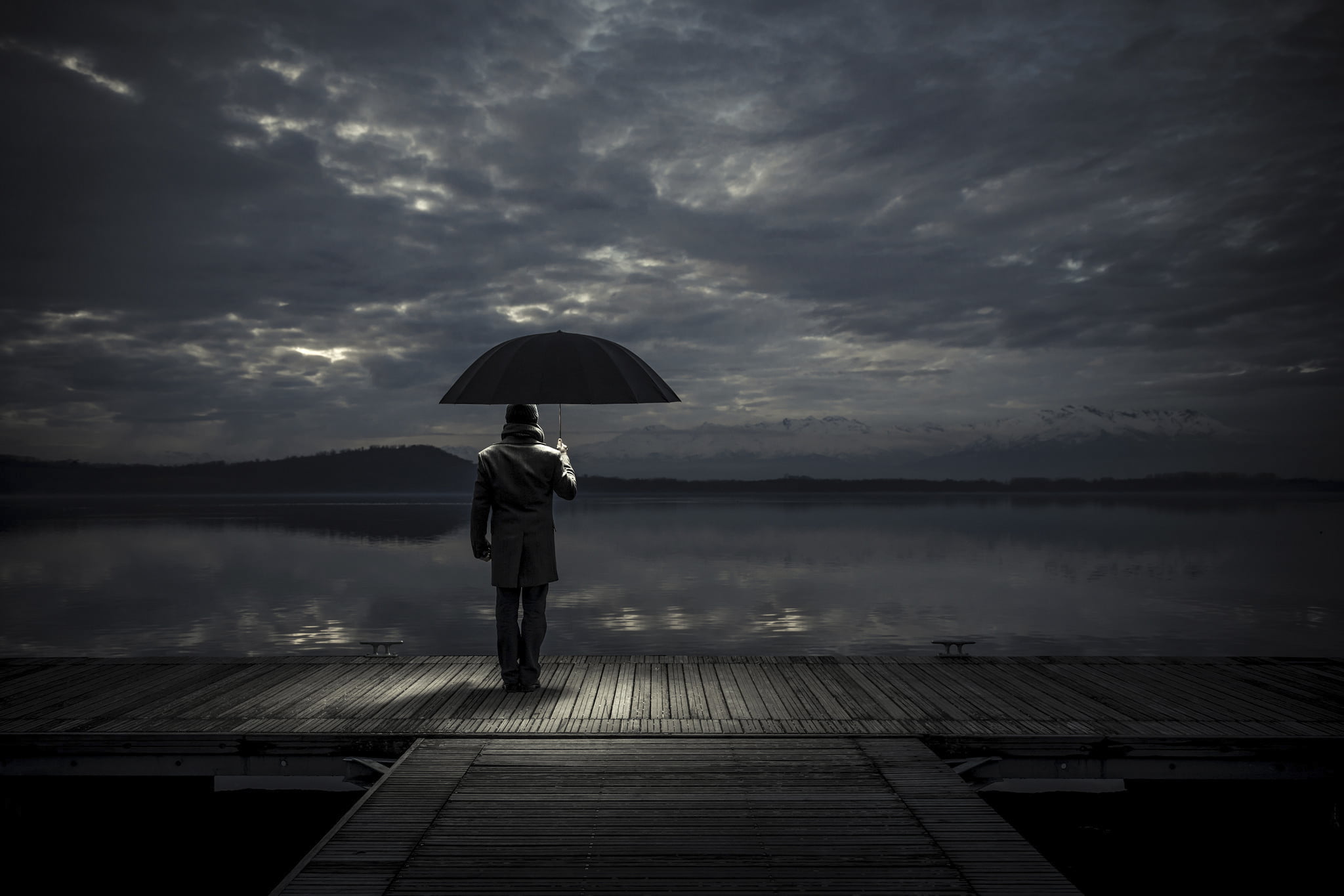 black, man, concepts, males, nature, suit, loneliness, umbrella, lake, leisure activity, storm, outdoors, cloudscape, tranquil Scene, sky, full length, HD Wallpaper