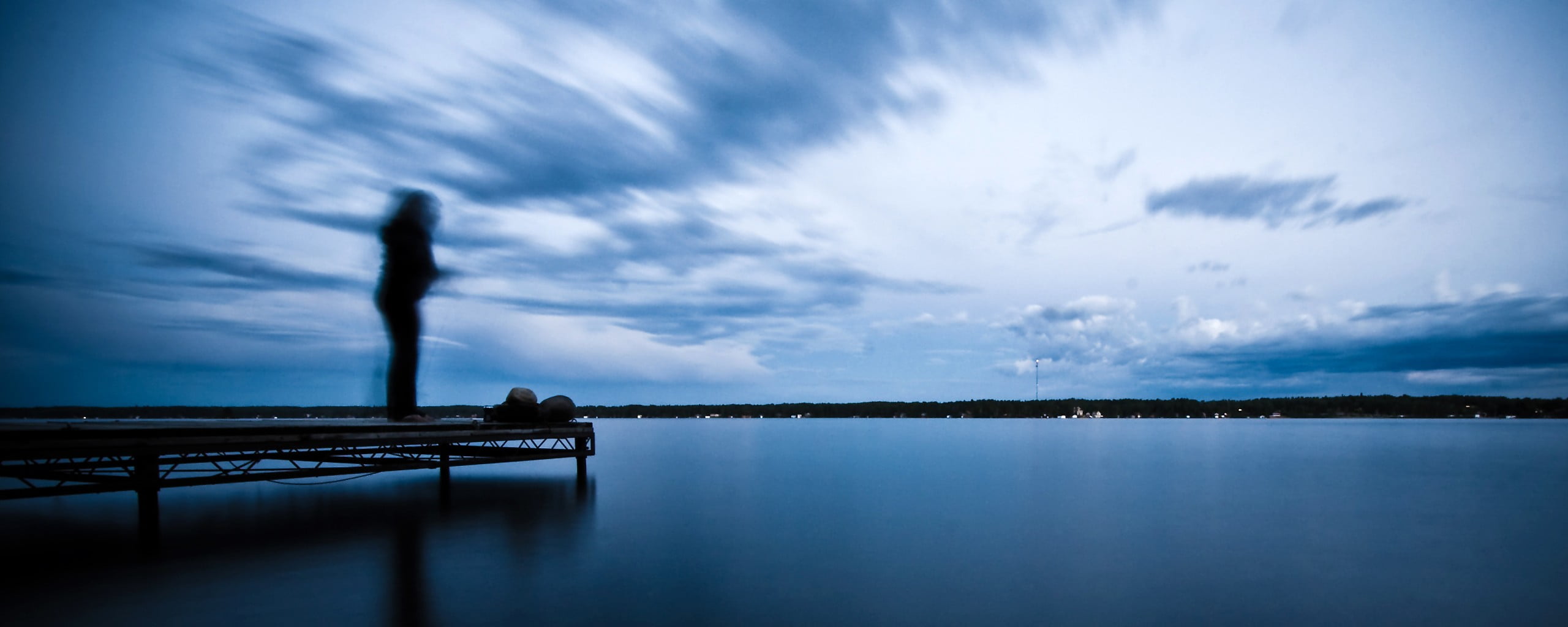 reflection, tranquility, outdoors, one person, beauty in nature, 2K, water, pier, solitude, tranquil scene, scenics - nature, cloud - sky, contemplation, HD Wallpaper