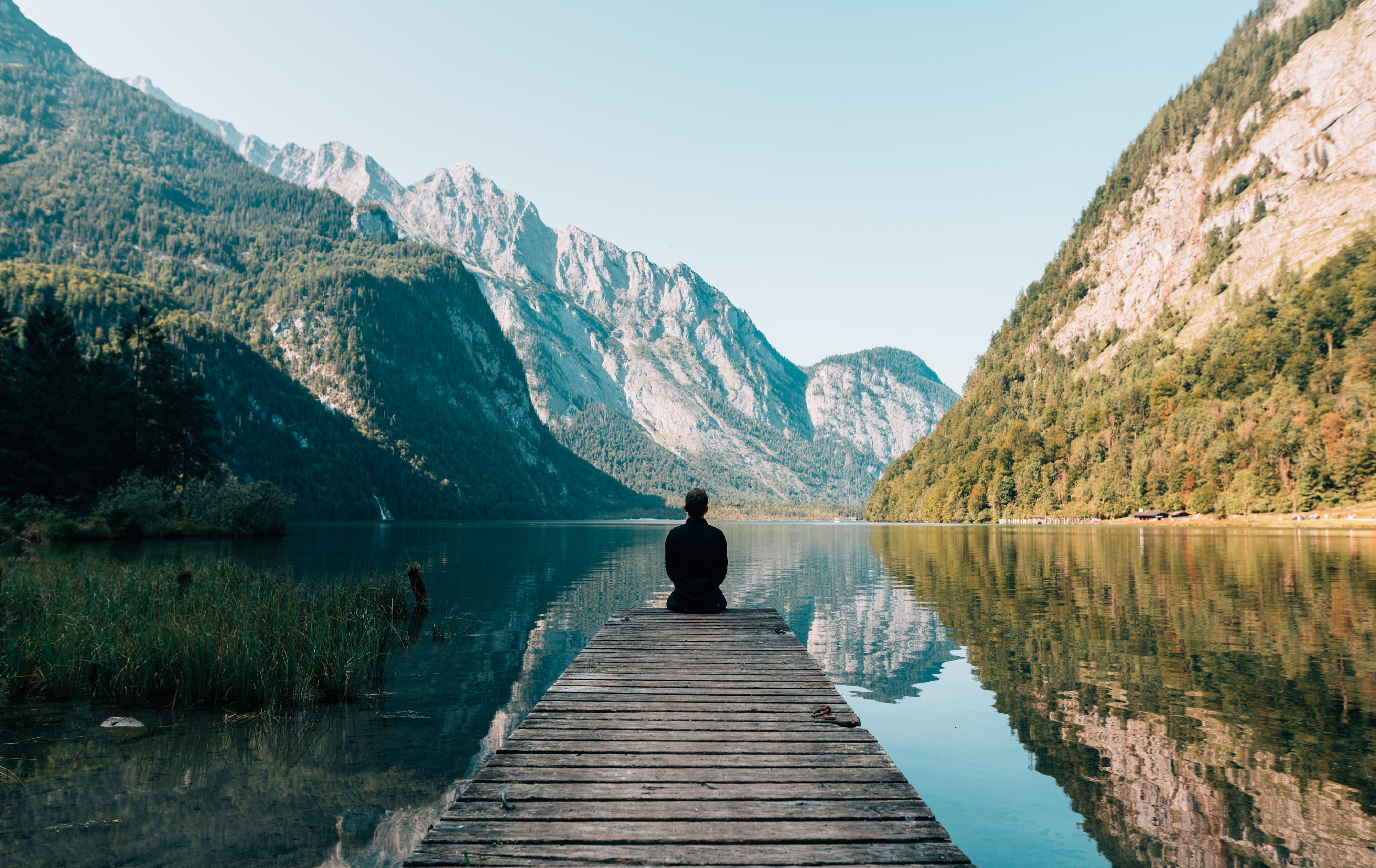 sitting, reflection, mountain Range, men, man, tranquility, tree, mountains, lifestyles, leisure Activity, outdoors, pier, river, european Alps, hiking, HD Wallpaper