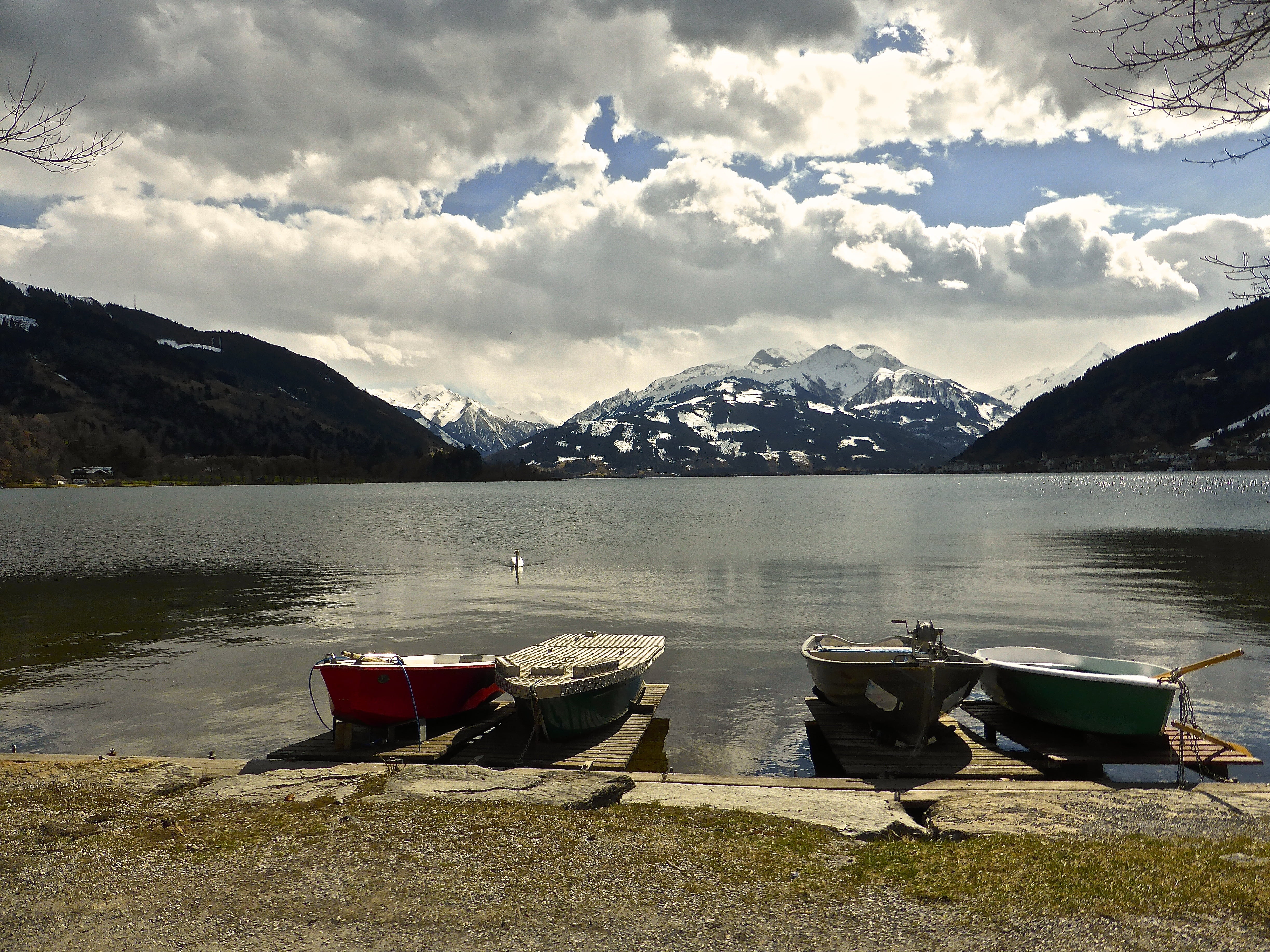 tranquil scene, mountain, quiet, water, sky, tranquility, transportation, nautical vessel, no people, solitude, rowboat, day, cloud - sky, view, beauty in nature, HD Wallpaper