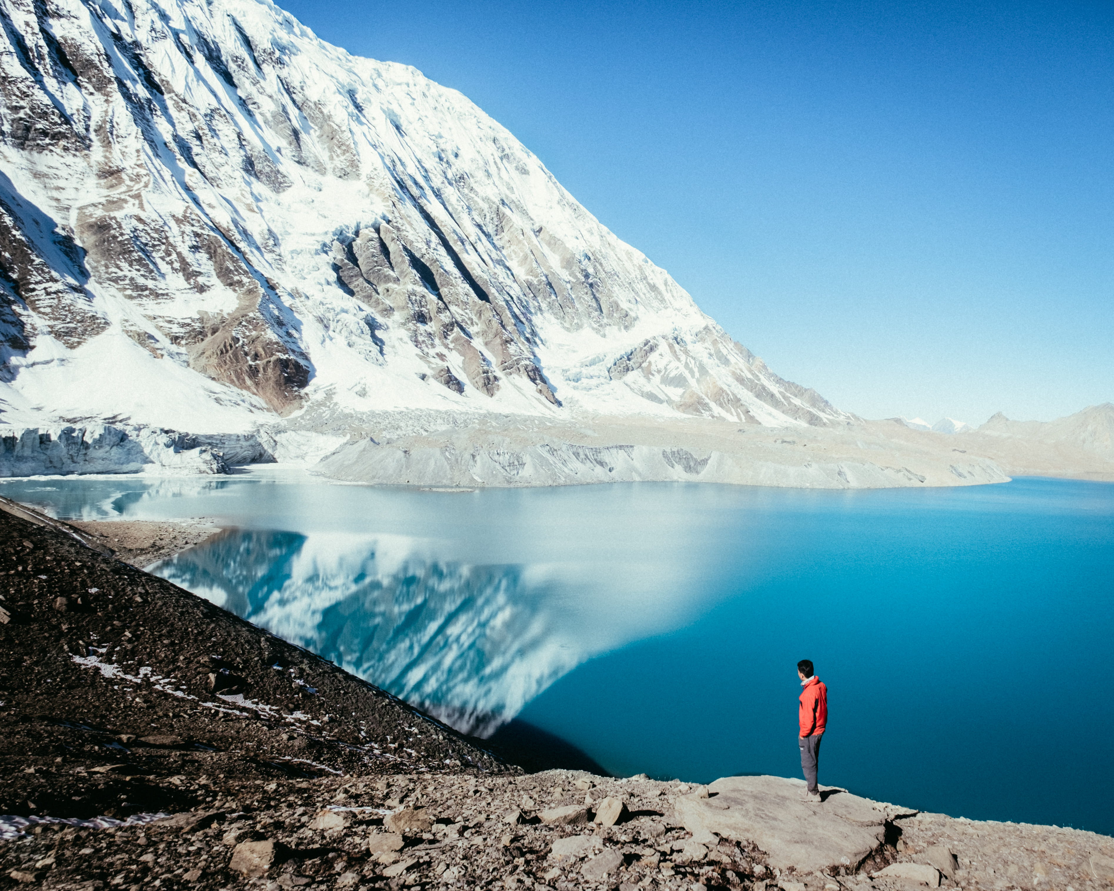 sky, cold, annapurna, top, reflection, lake, nature, scenics - nature, himalaya, blue, edge, ice, morning, mountain, one person, winter, snow, beauty in nature, HD Wallpaper