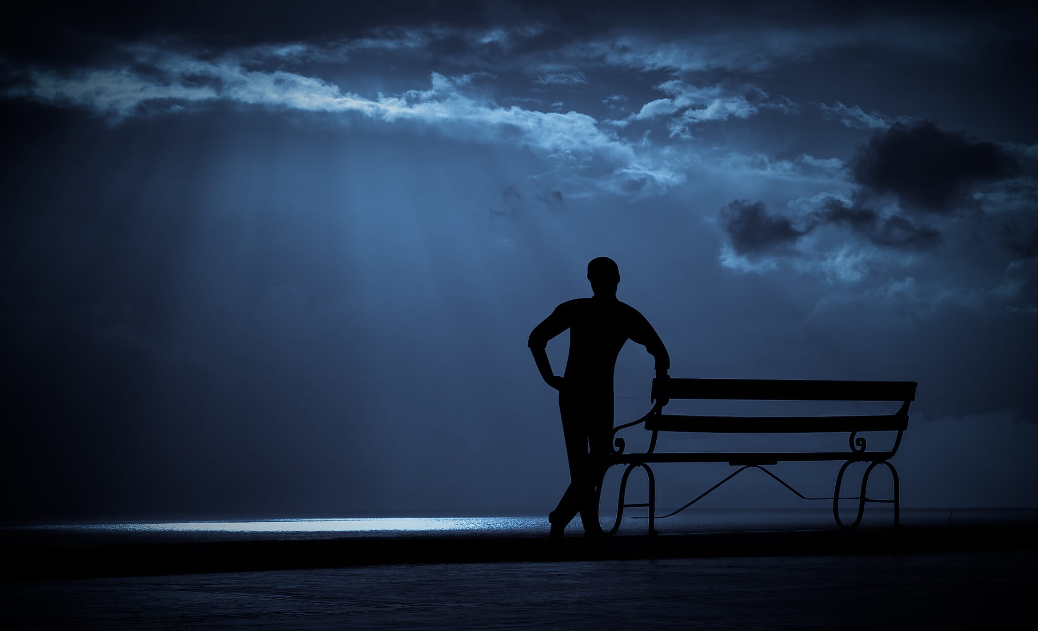1080P, cloudy, sea, panoramic, lake, dusk, night, man, sky, rear view, light, sitting, evening, beauty in nature, dark, outdoors, power in nature, besides, HD Wallpaper