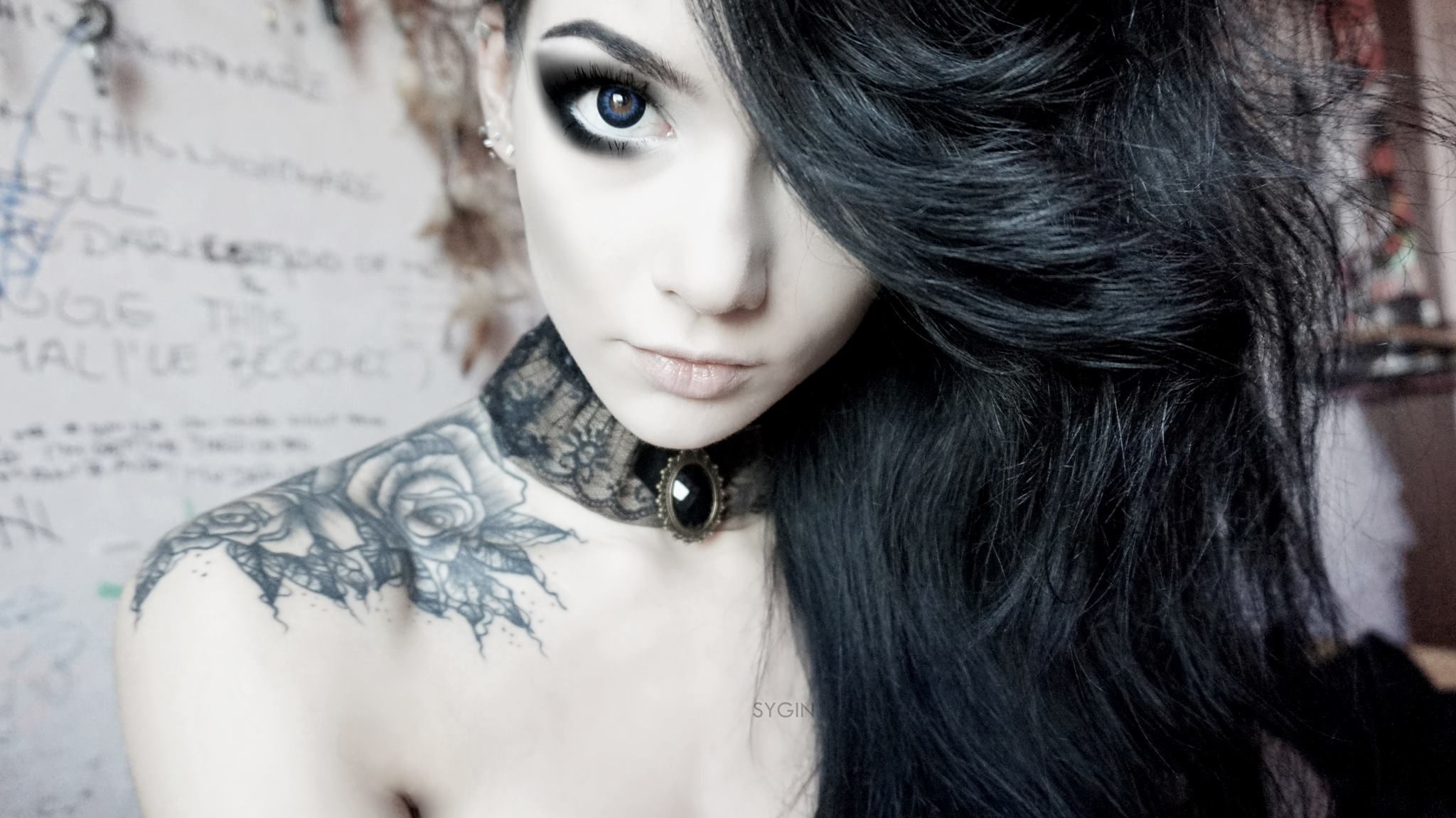 tattoo, emo, model, 1080P, Sygin, dark hair, HD Wallpaper