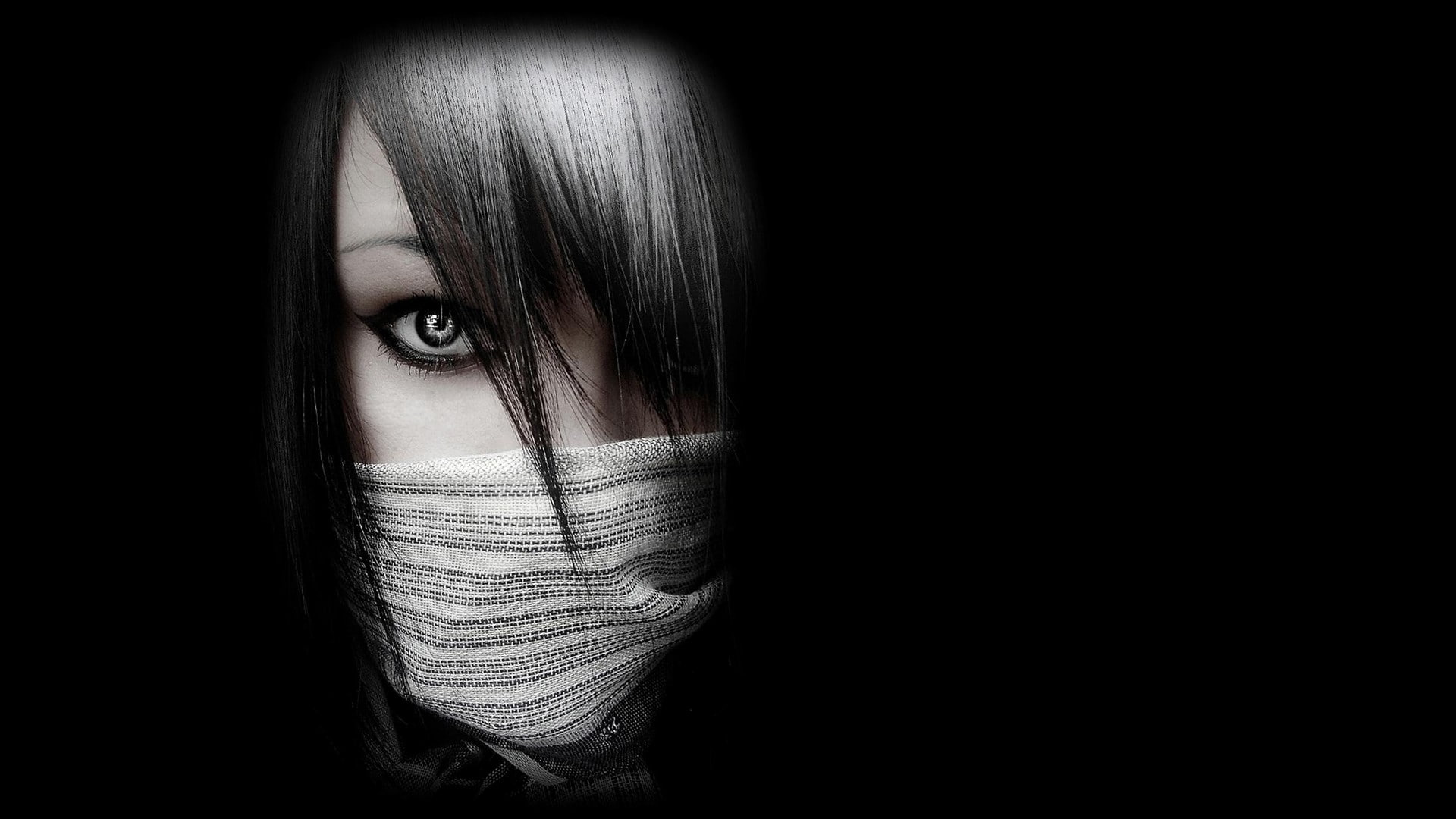 emo, copy space, close-up, obscured face, indoors, front view, looking at camera, women, mask, black background, face, human body part, young adult, real people, HD Wallpaper
