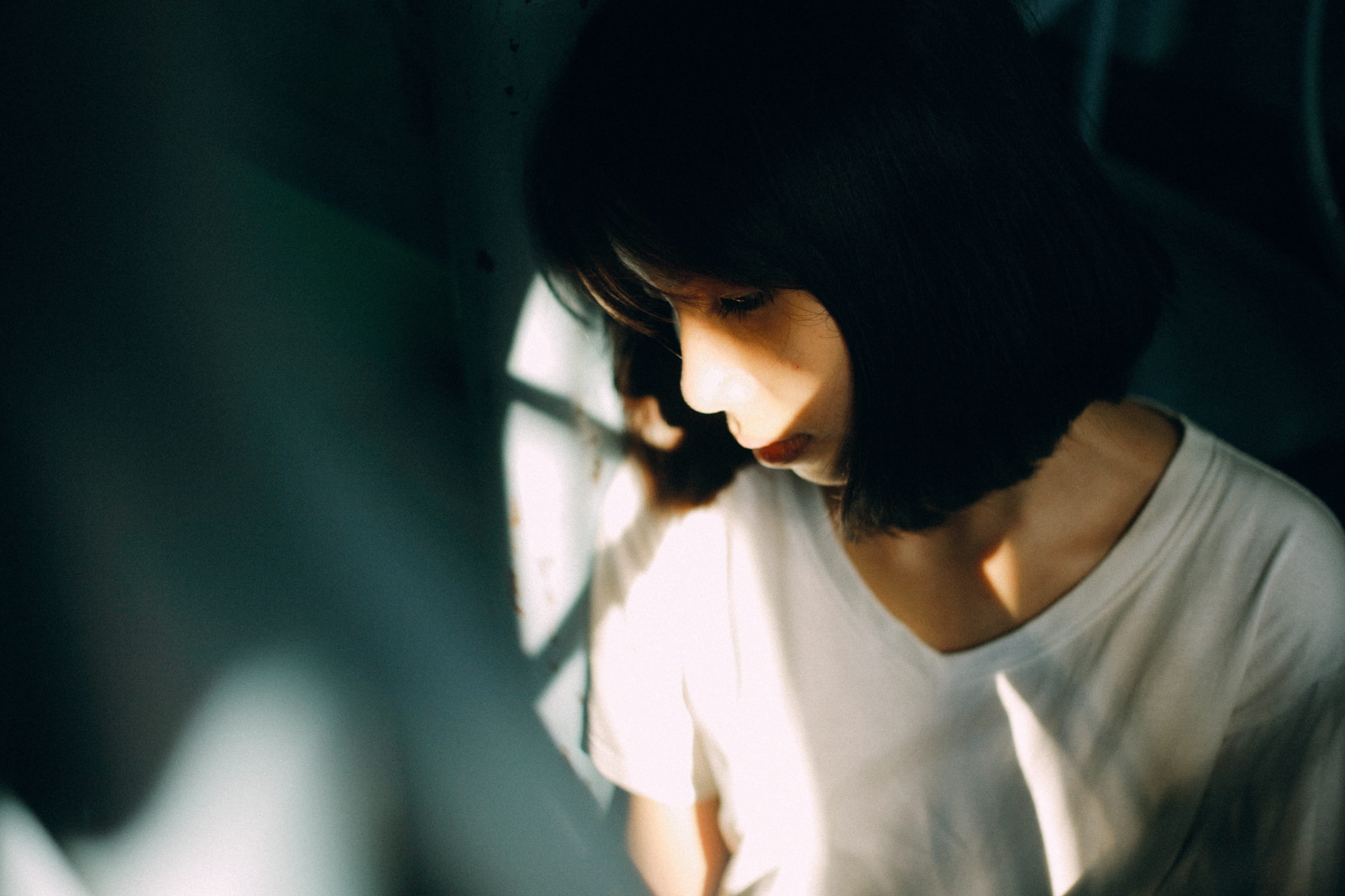 woman, looking down, neck, depression - sadness, wearing, indoors, emotional stress, contemplation, v, people, white, headshot, despair, looking, only women, HD Wallpaper