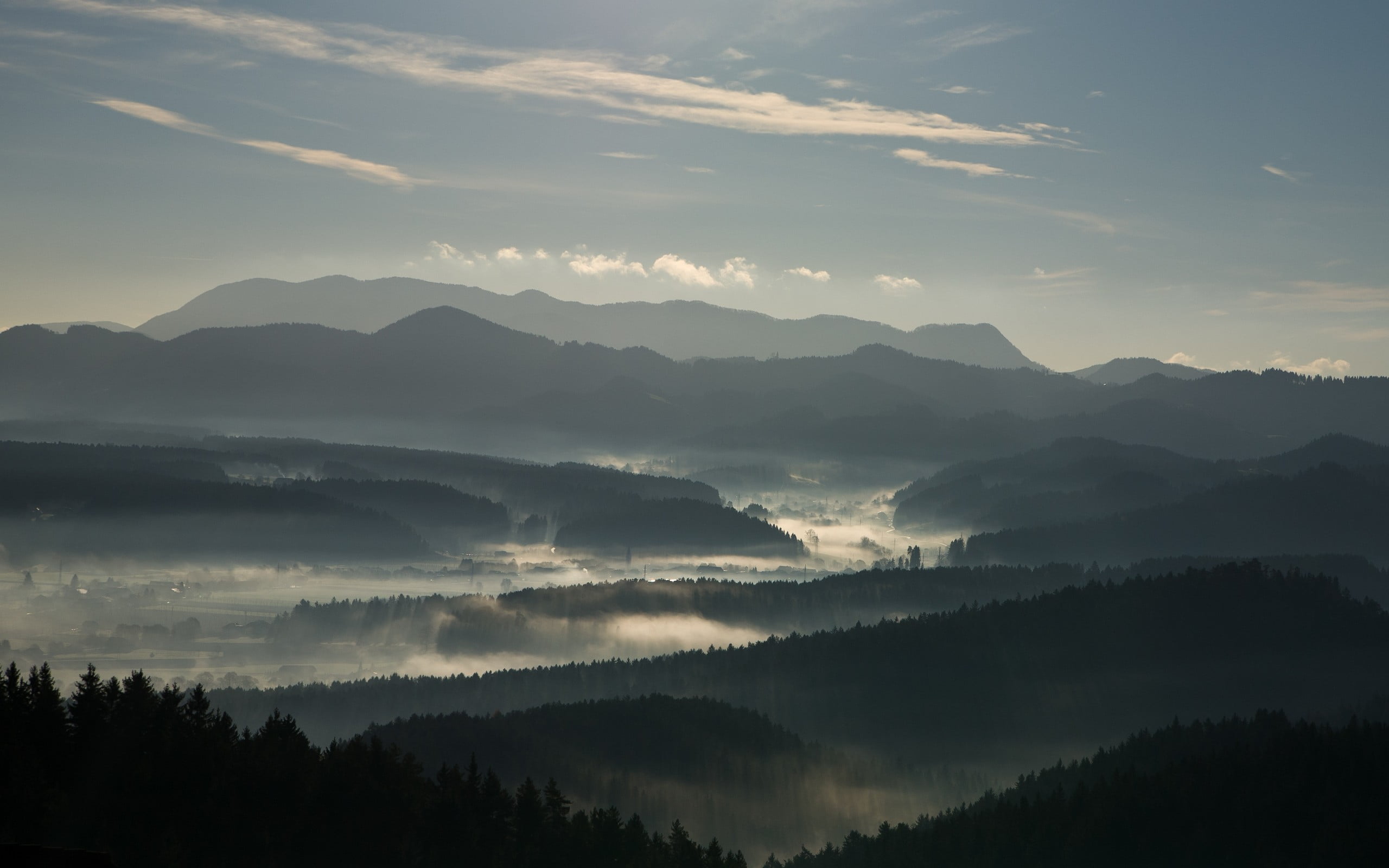 nature, mountains, mist, cloud - sky, tranquility, mountain, no people, valley, mountain range, idyllic, outdoors, sky, beauty in nature, tranquil scene, HD Wallpaper