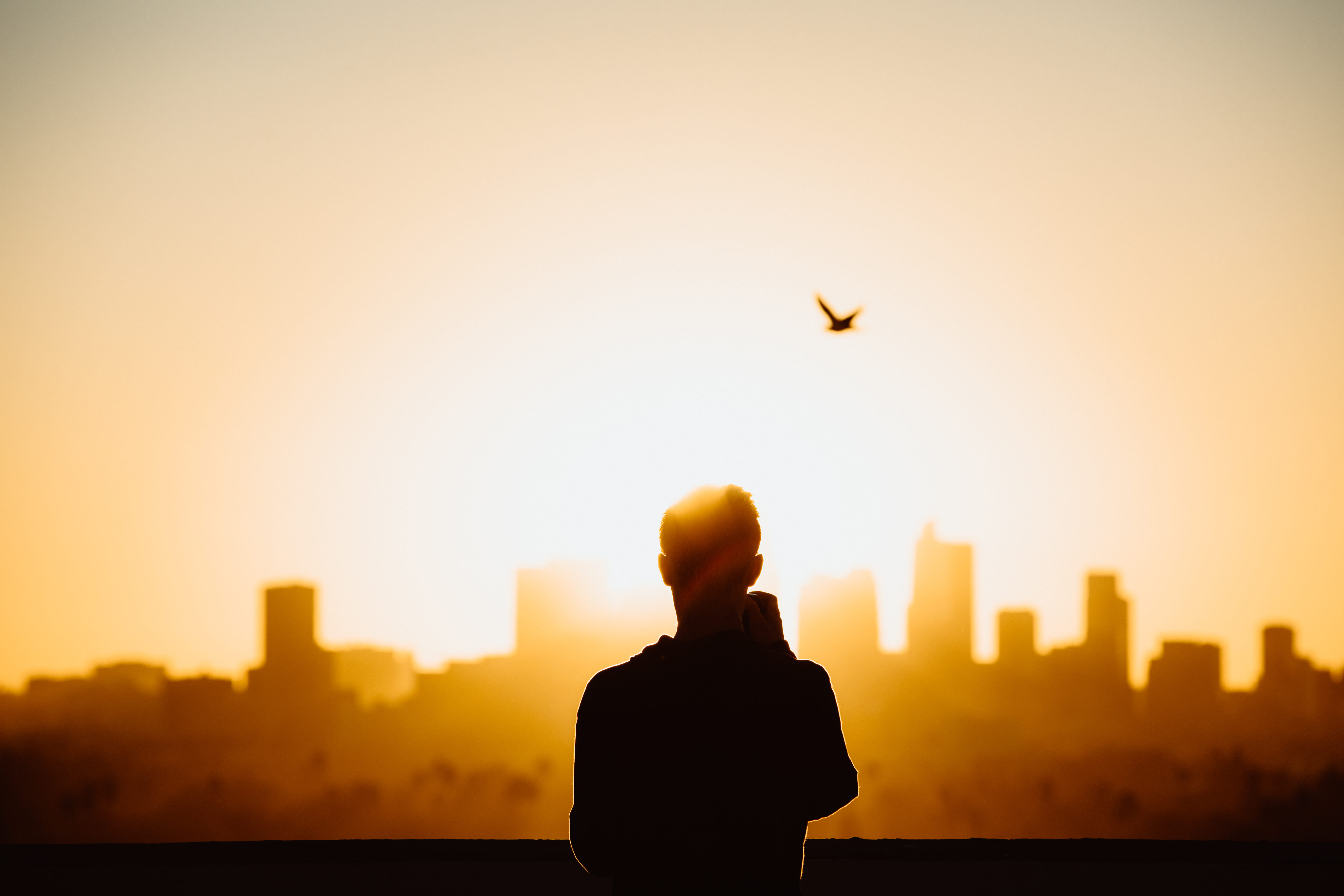 building, flying, overexposed, cityscape, architecture, sunset, contemplation, one person, outdoors, office building exterior, golden hour, person, los angeles, HD Wallpaper