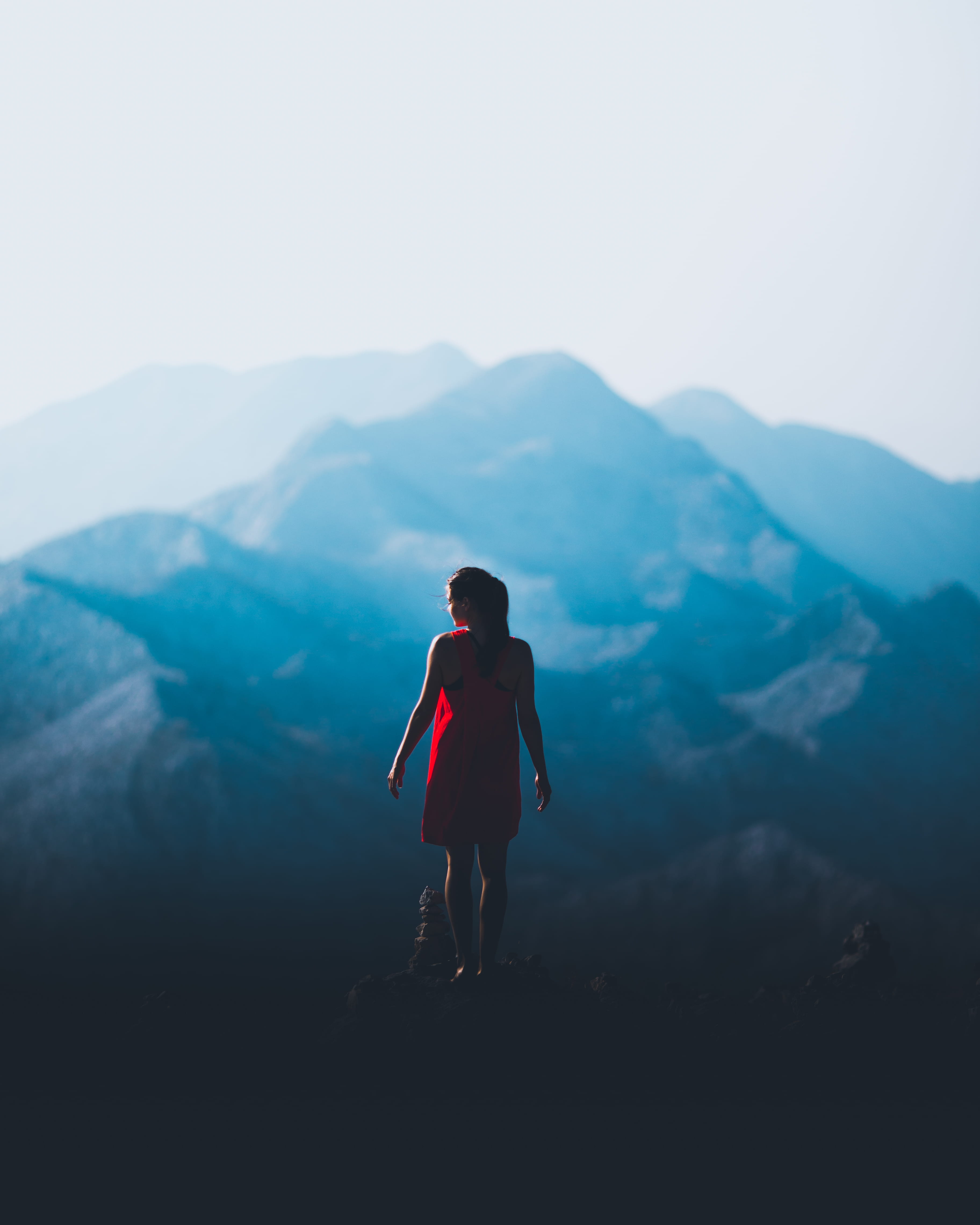 mountain, activity, backpacker, landscape, beautiful, sports Training, vignette, china - East Asia, nature, black Color, tourist, one Person, girl in a red dress, Phone HD Wallpaper