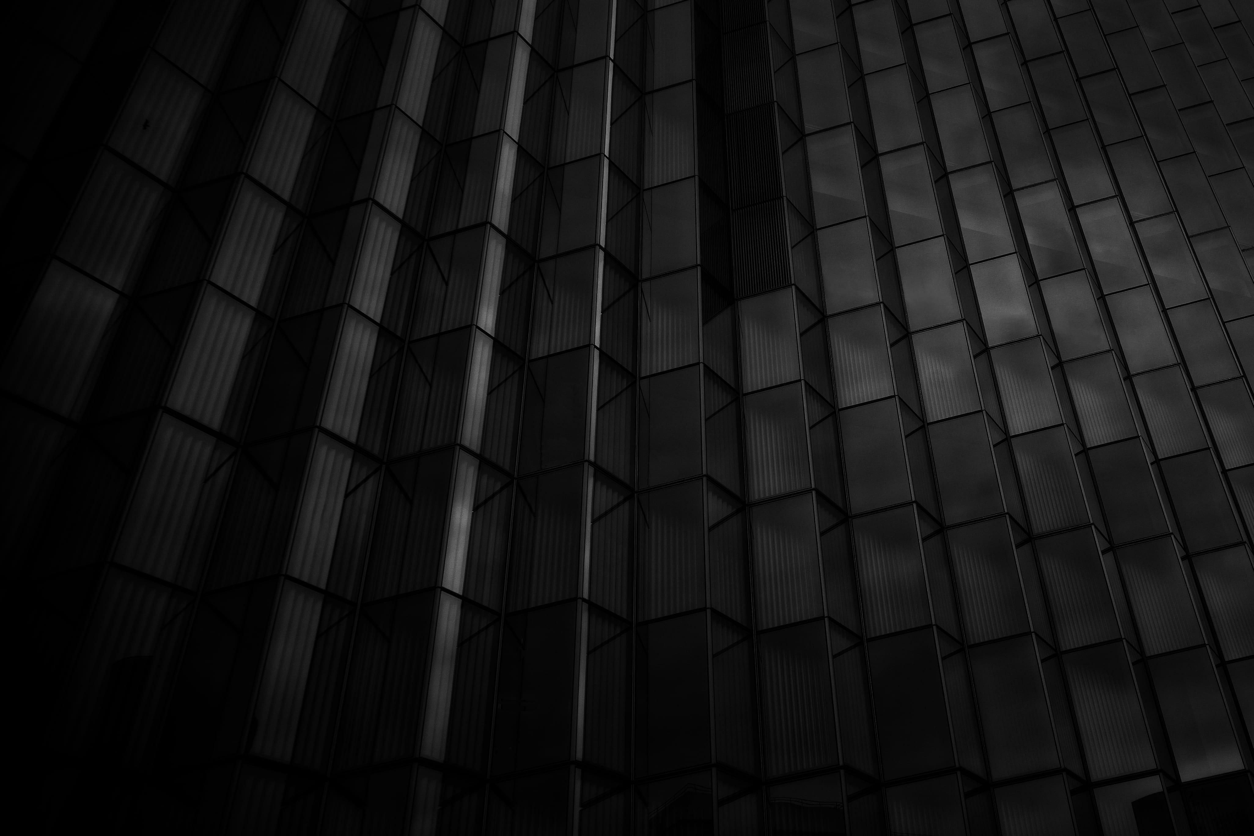 outdoors, downtown, black, background, building exterior, full frame, dark, 4K, backgrounds, repetition, black and white, window, design, textured, built structure, HD Wallpaper