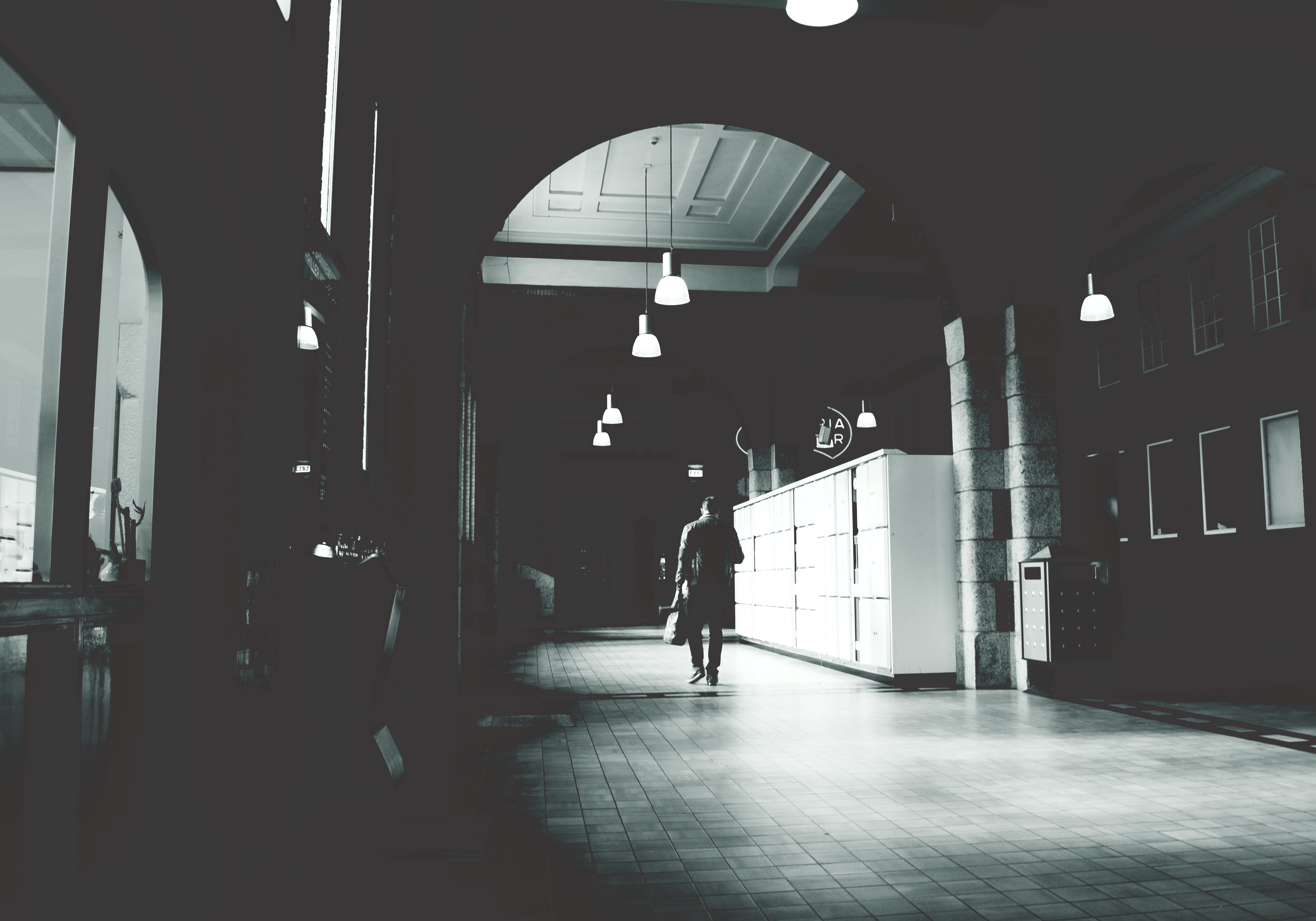 arches, lifestyles, day, floor, people, architectural column, building, adults only, male, leave, arcade, arch, grayscale, 5K, two people, flooring, lights, HD Wallpaper