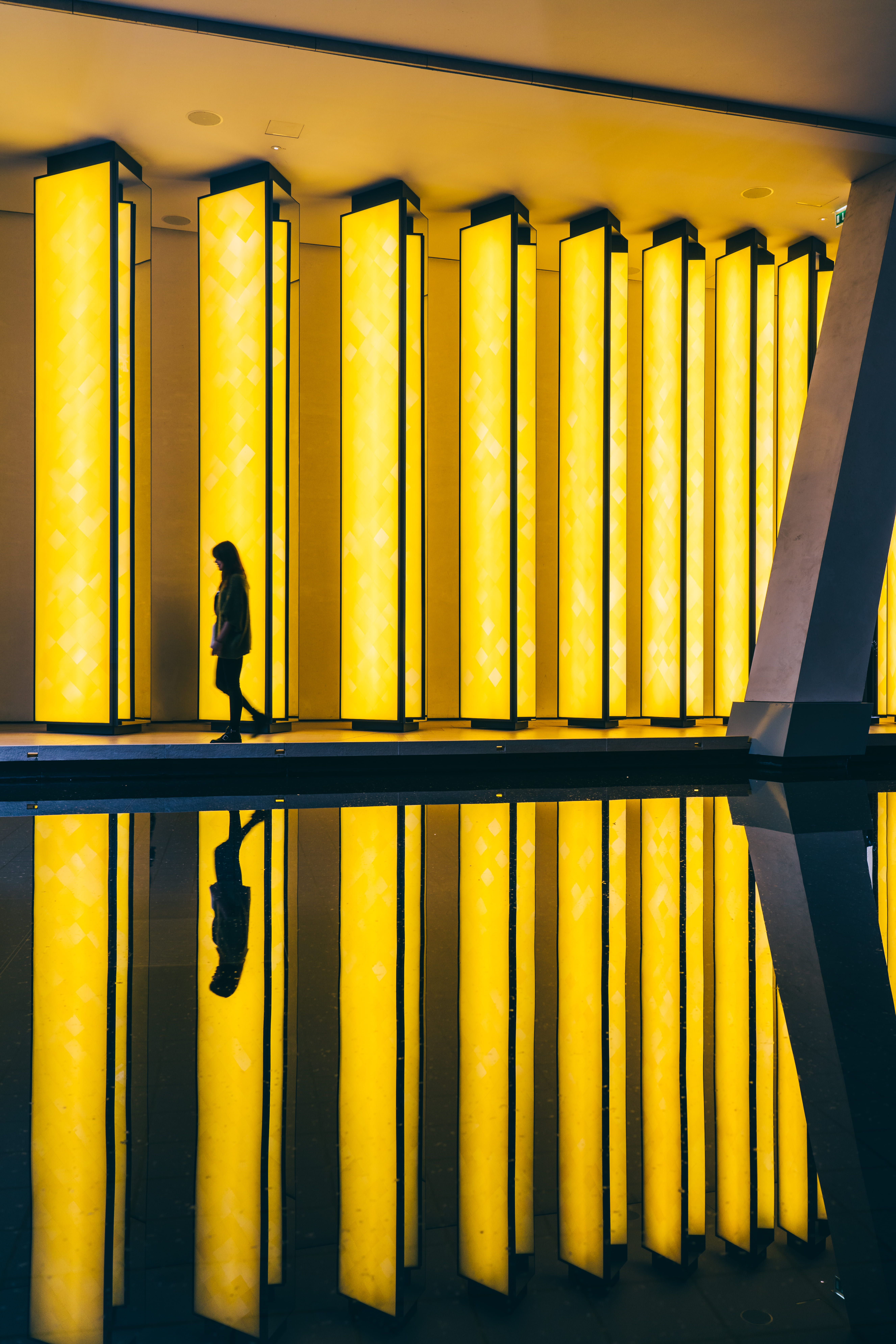 museum, industry, water, paris, decor, interior design, puddle, city, light, person, silhouette, urban, indoors, explore, people, backgrounds, building, Phone HD Wallpaper