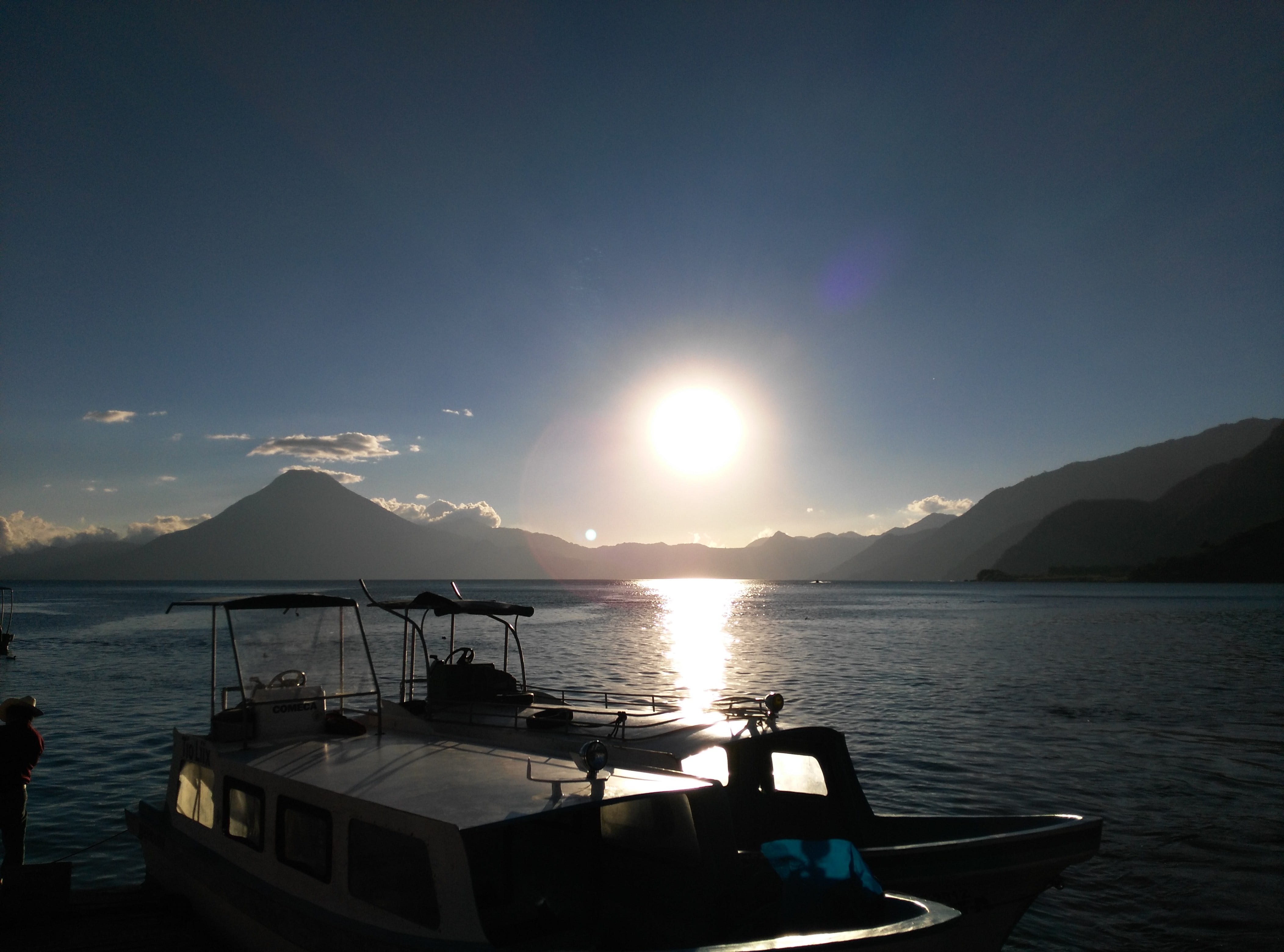 outdoors, mountain, sun, tranquil scene, 4K, mountain range, mode of transportation, guatemala, lens flare, solola, lake atitlan, sky, panajachel, transportation, HD Wallpaper