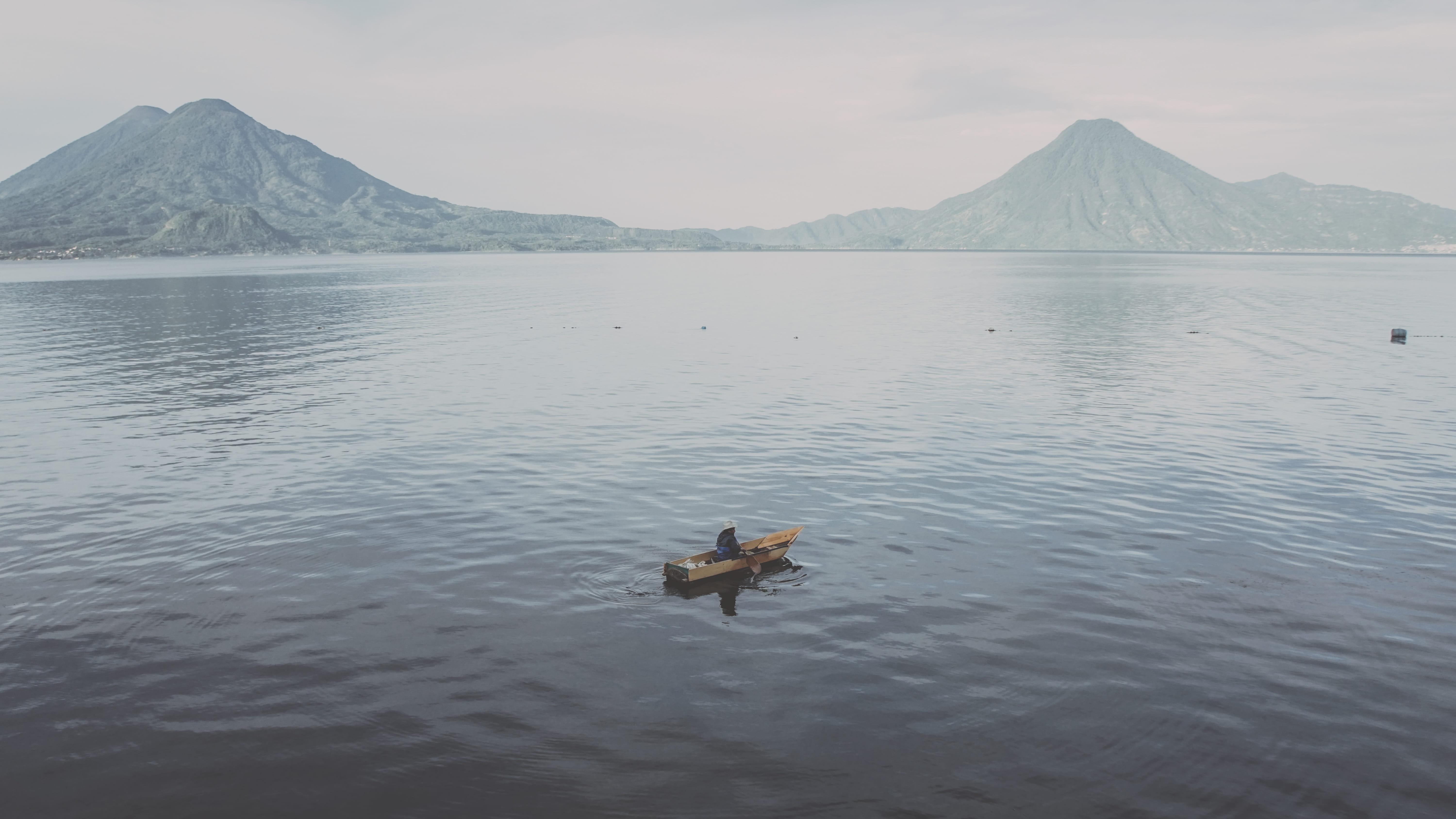 outdoors, one animal, tranquility, mountain, sad, non-urban scene, nature, water, mist, day, boat, misty, lake, guatemala, waterfront, vertebrate, fisherman, HD Wallpaper