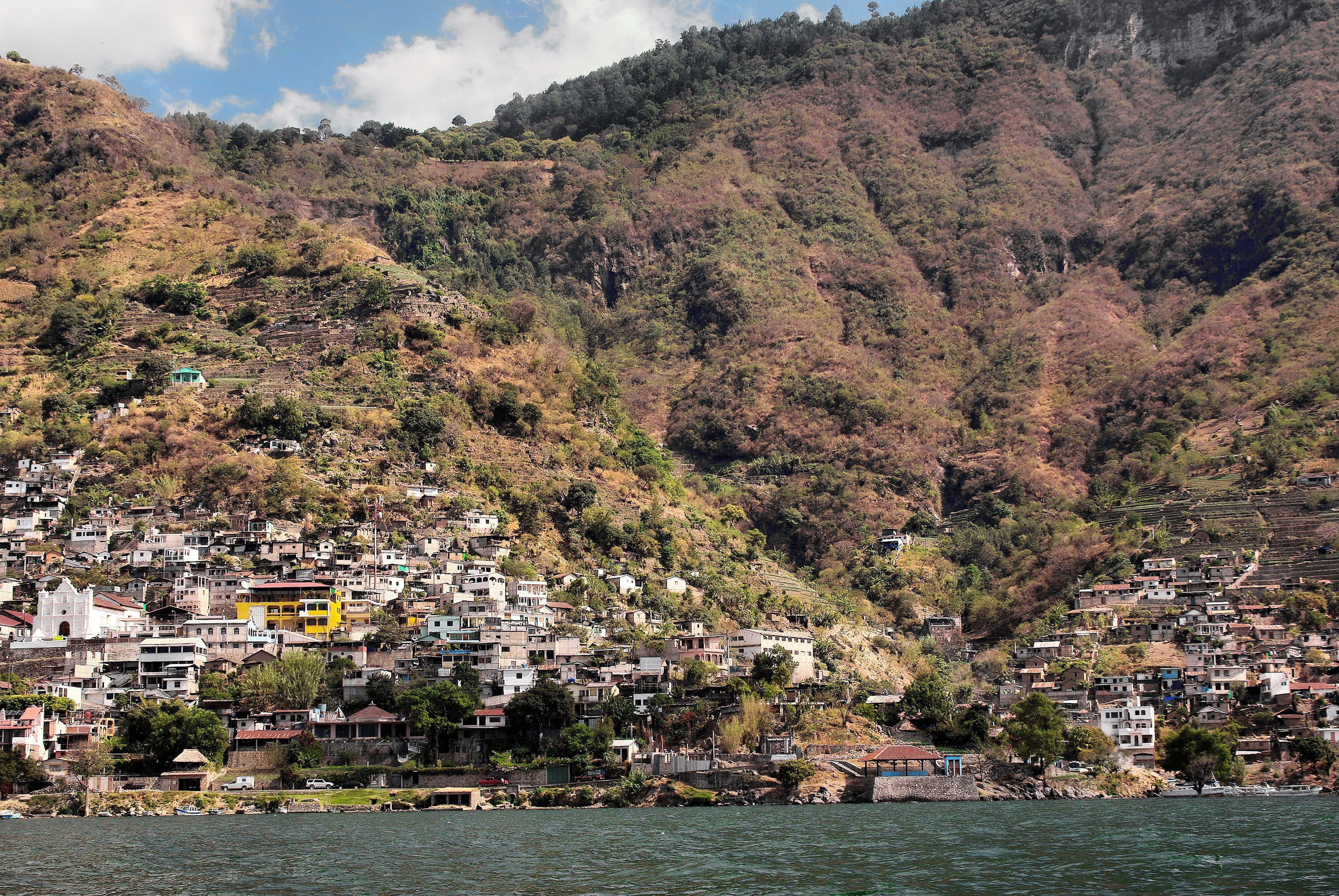volcano, village, 4K, building exterior, city, tree, residential district, outdoors, nautical vessel, day, built structure, plant, no people, lake, Atitlan, HD Wallpaper
